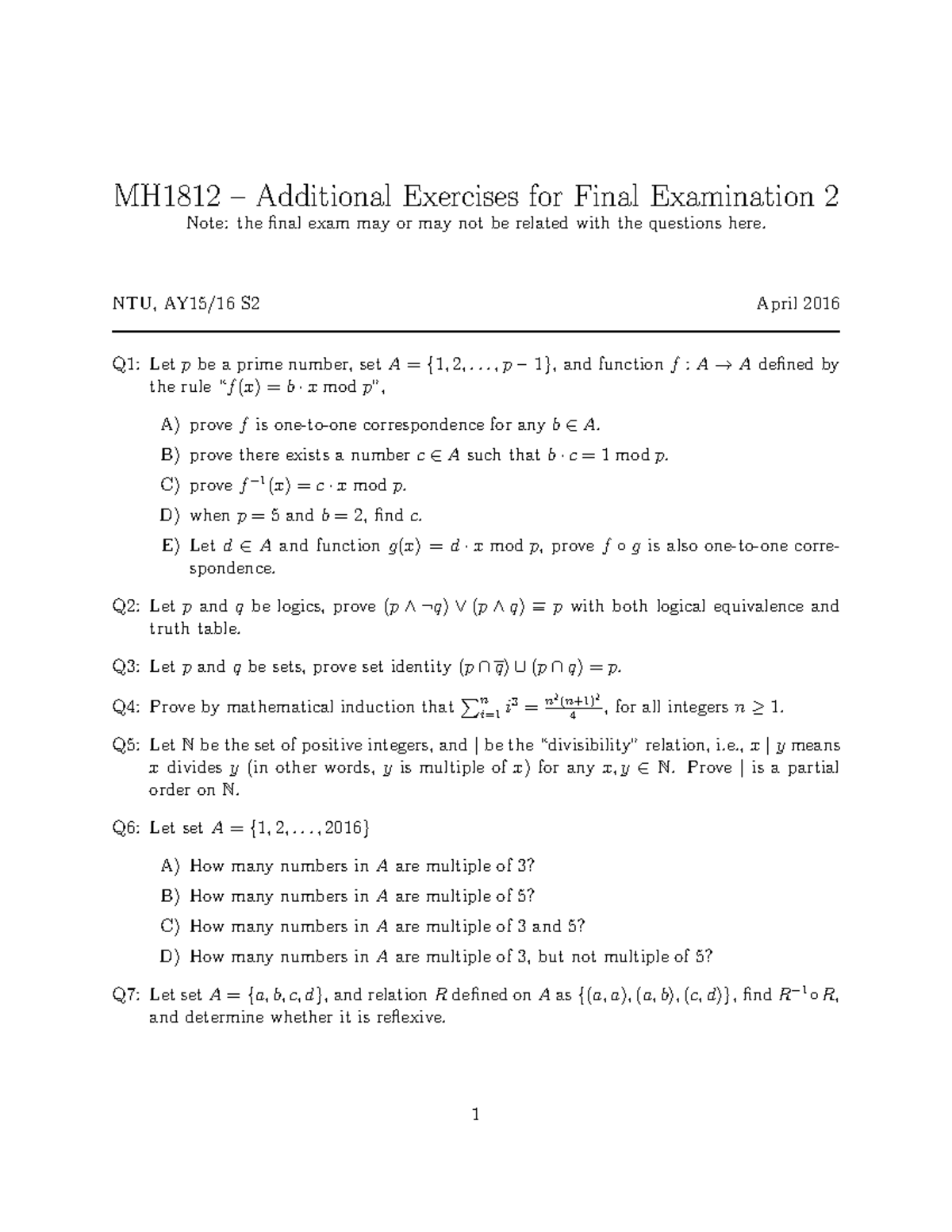 MH1812 - Additional Exercises for Final Exam 2 - NTU AY15/16 S2 - Studocu