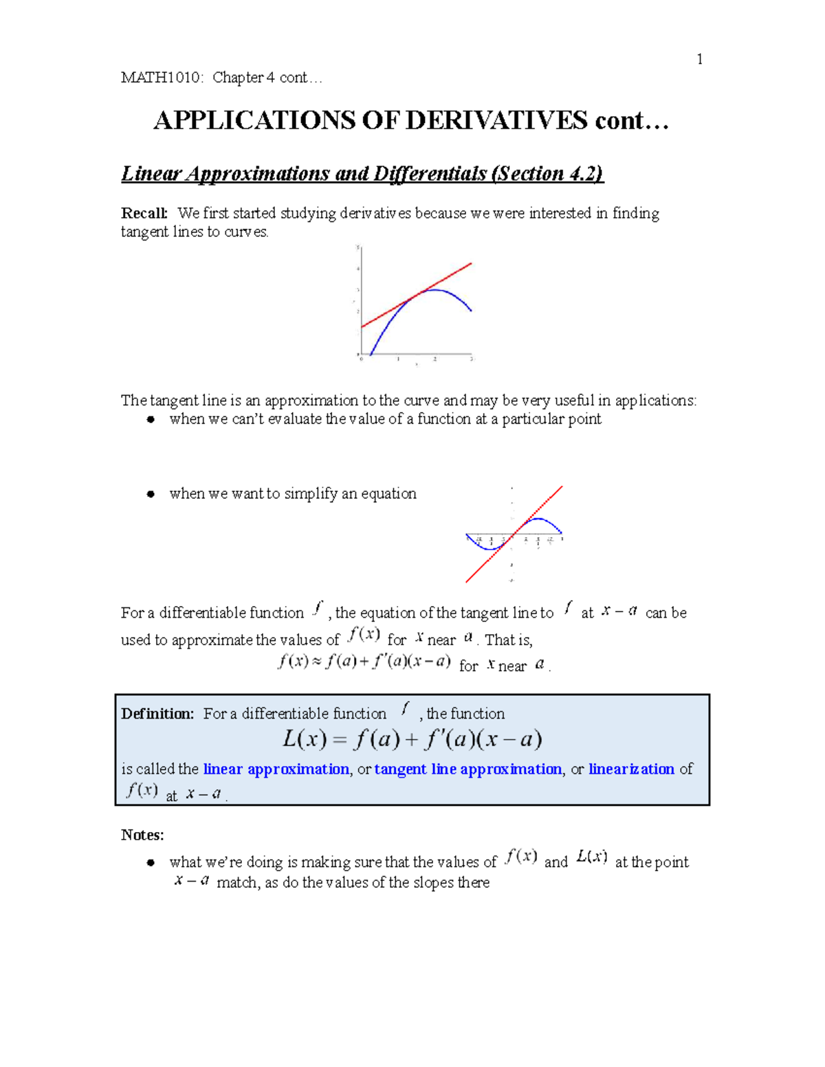 MATH1010: Chapter 4 - Applications of Derivatives & Linear ...