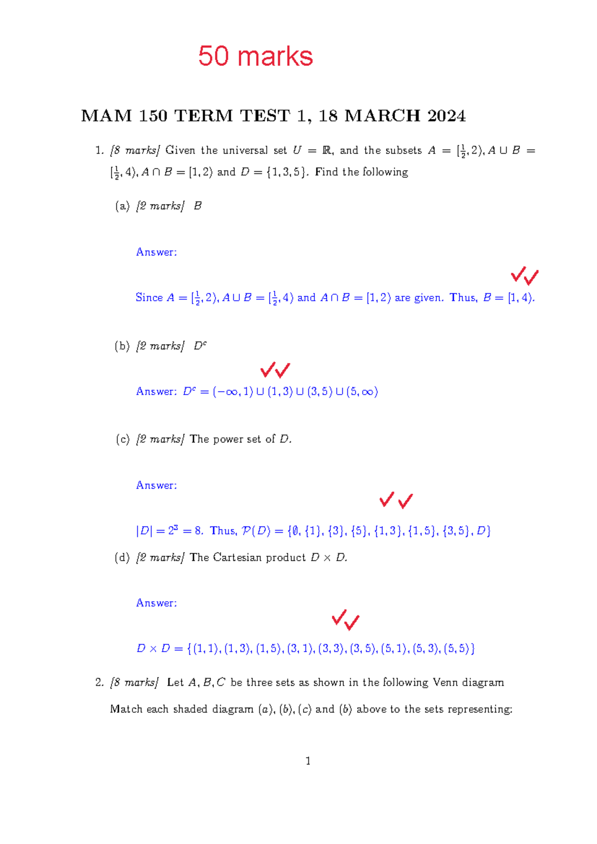 MAM 150 Term Test 1 Memo - 50 Marks, March 18, 2024 - Studocu