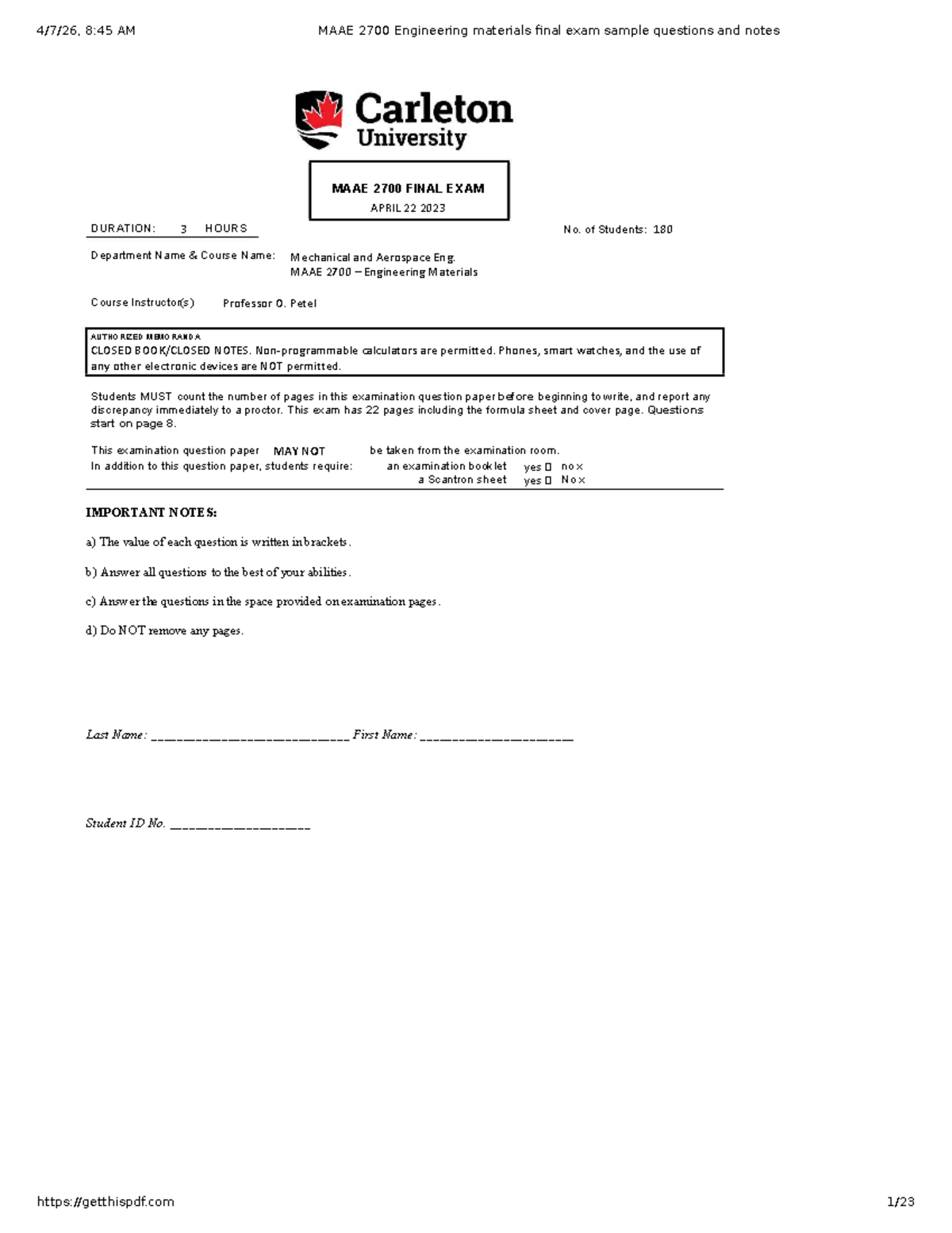 MAAE 2700 Engineering Materials Final Exam Sample Questions & Notes ...