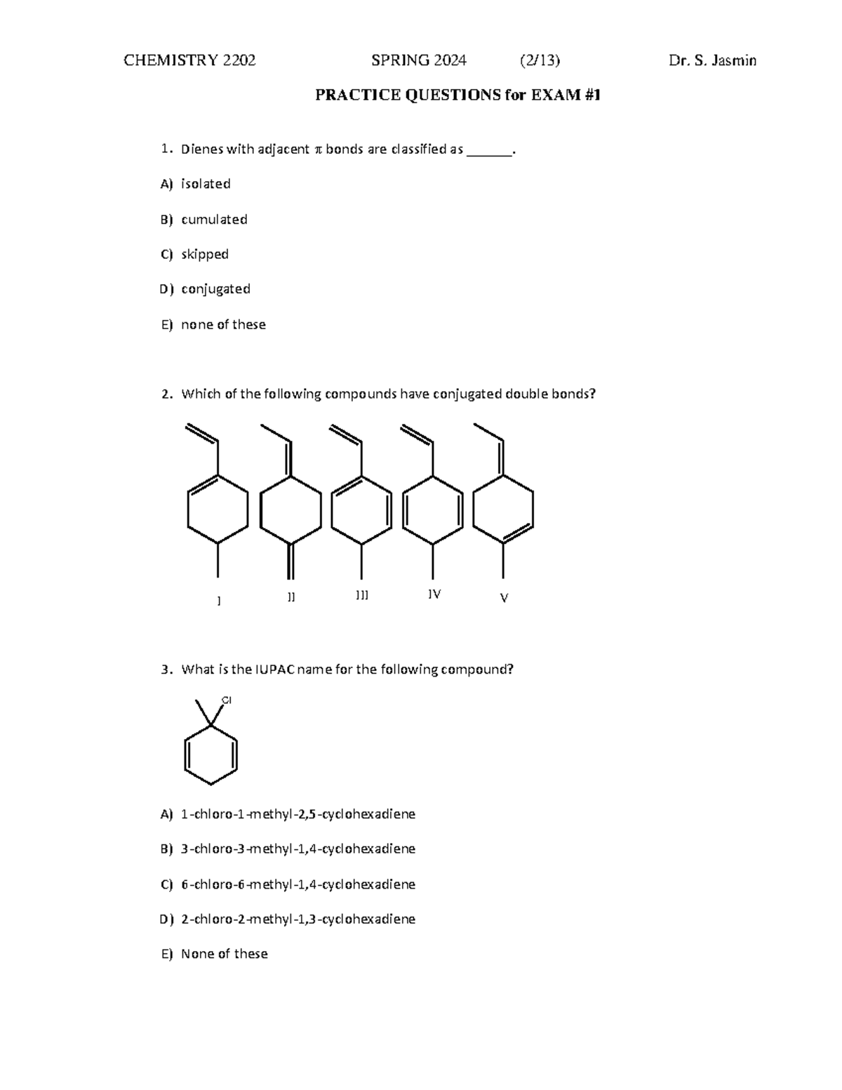 CHEM 2202 Spring 2024 Practice Questions for Exam #1 - Studocu