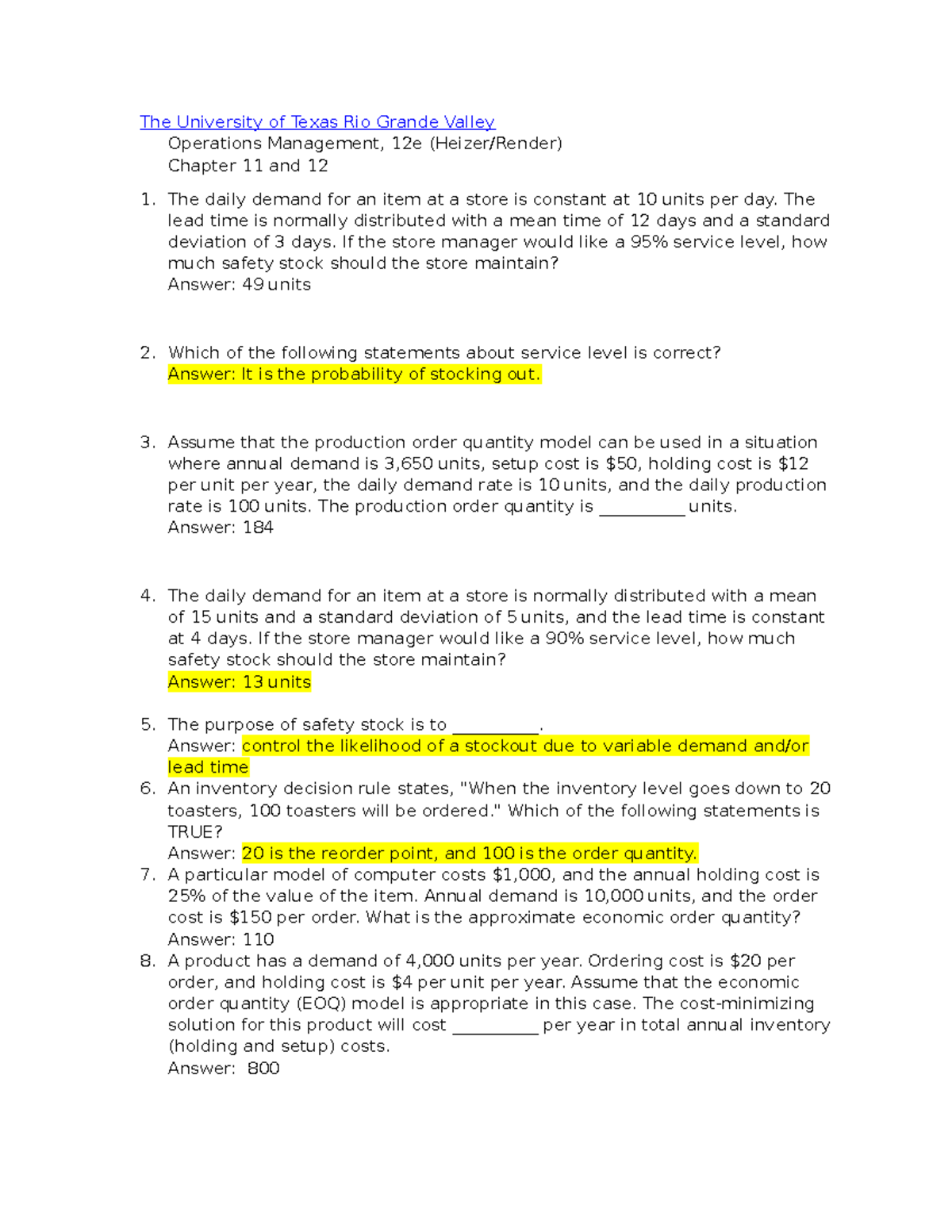Operations Management Quiz: Key Concepts from Chapters 11 & 12 - Studocu