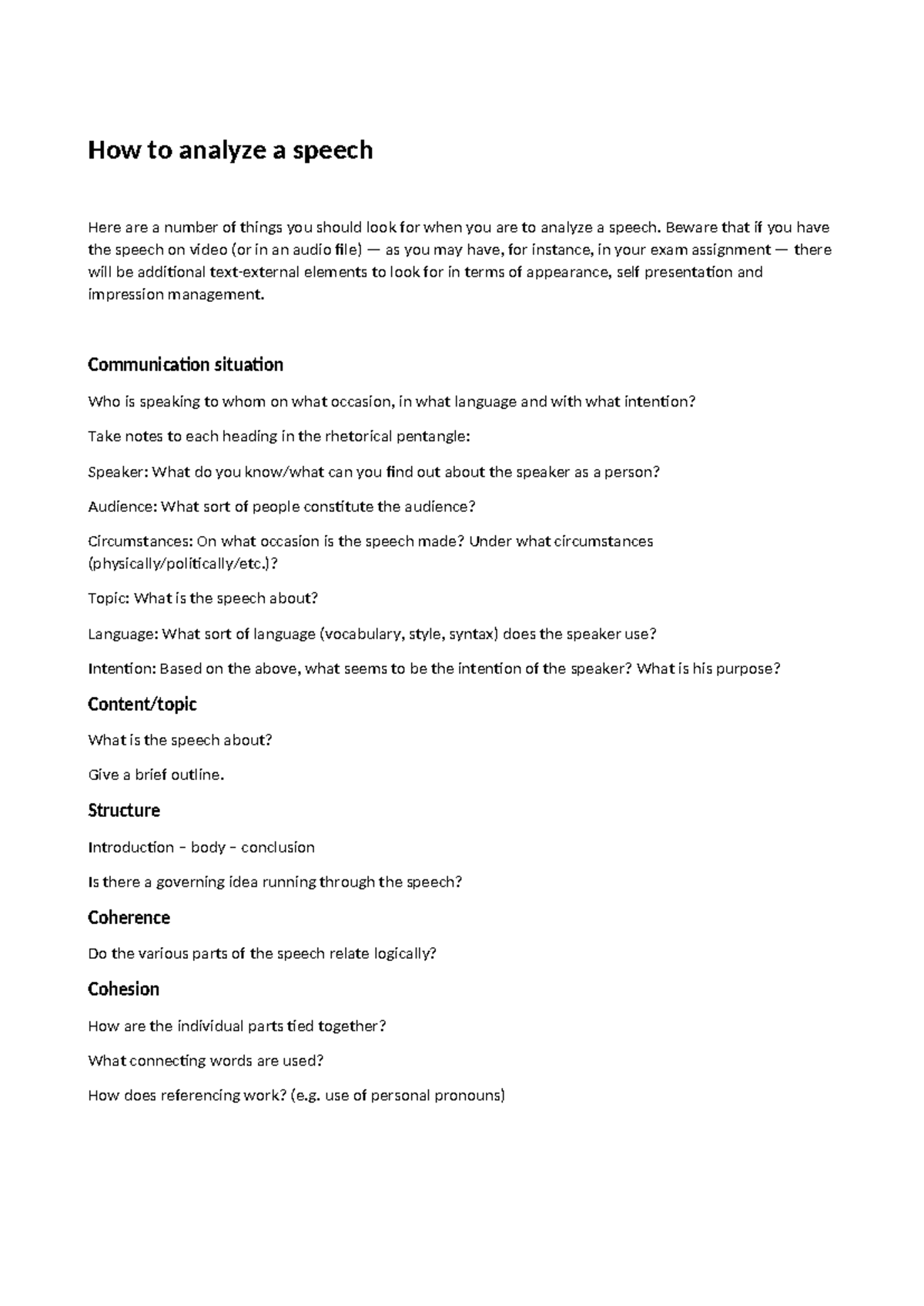 Analyzing a Speech: Key Elements and Considerations for Study - Studocu
