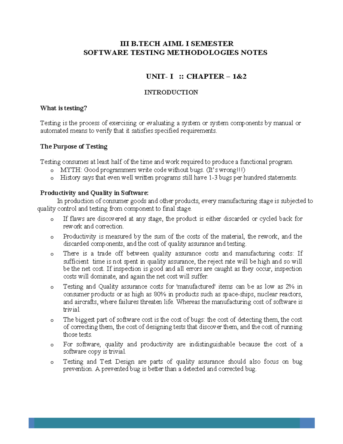 B.TECH AIML I SEMESTER SOFTWARE TESTING METHODOLOGIES NOTES UNIT 1 ...