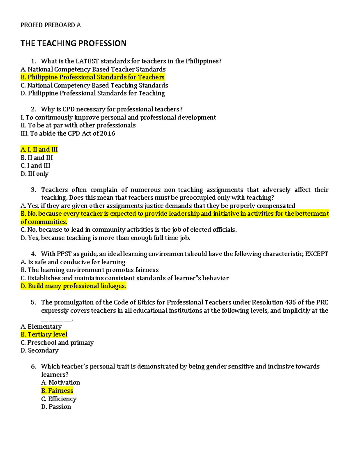 PROFED Preboard A Review: Teaching Profession Concepts and Standards ...