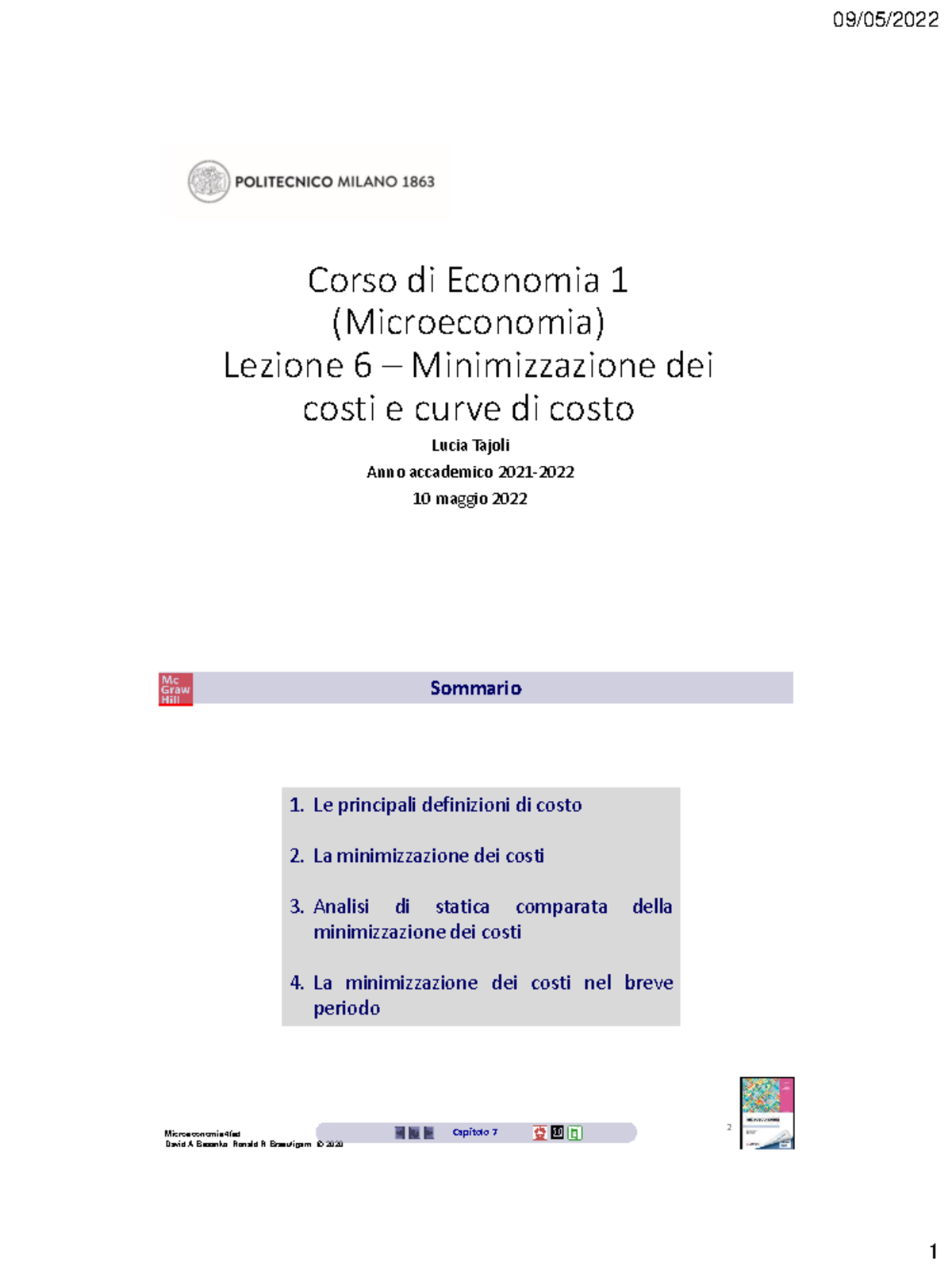 Micro 1 - Lezione 6: Minimizzazione dei Costi e Curve di Costo - Studocu