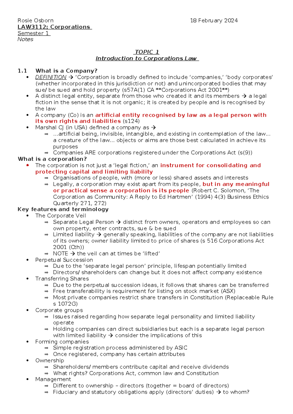 LAW3112 Lecture Notes: Understanding Corporations Law in Detail - Studocu