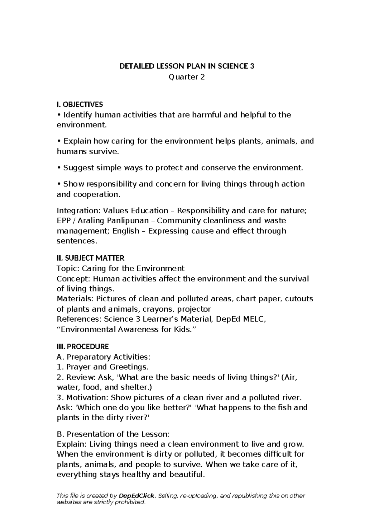 DLP Science 3 Quarter 2: Caring for the Environment Lesson Plan - Studocu