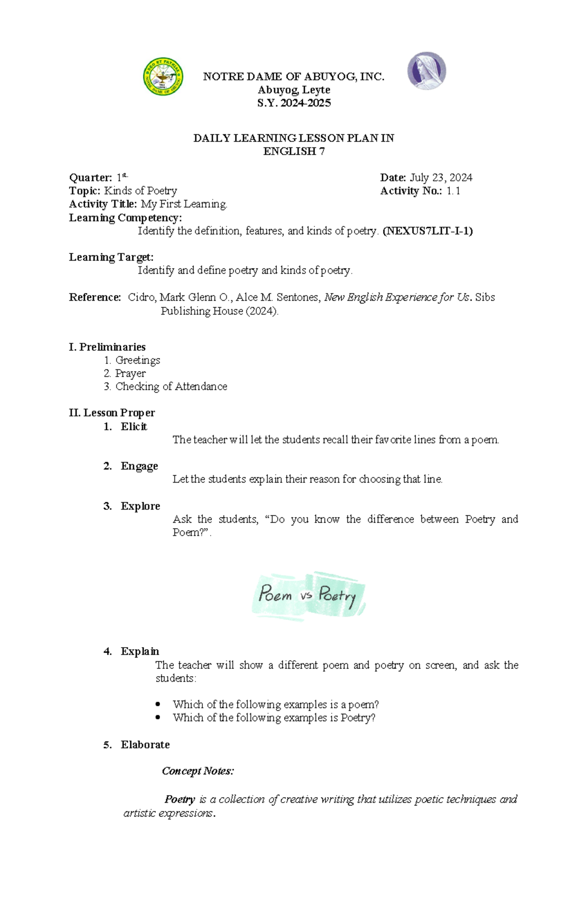 MATATAG English 7 Lesson Plan: Kinds of Poetry & Analysis Week 1 - Studocu