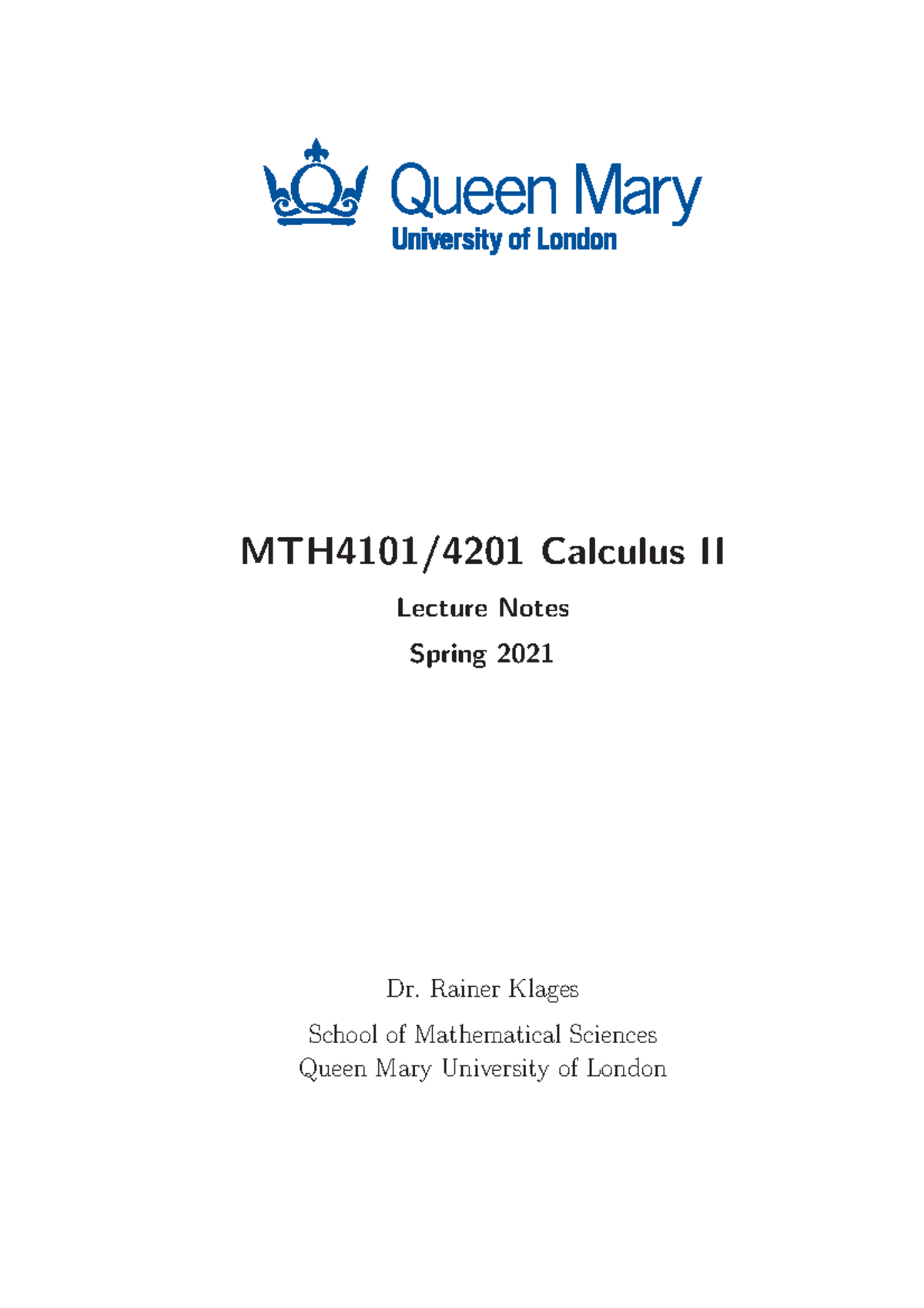 Calculus 2 Lecture Notes - MTH4101/4201 Calculus II Lecture Notes ...