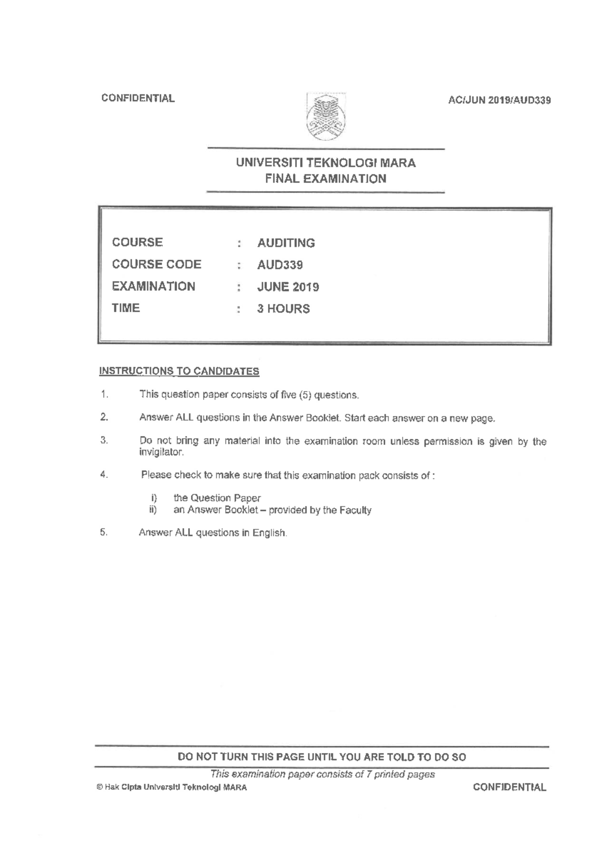 AUD339 Final Exam June 2019 - Auditing Question Paper - Studocu