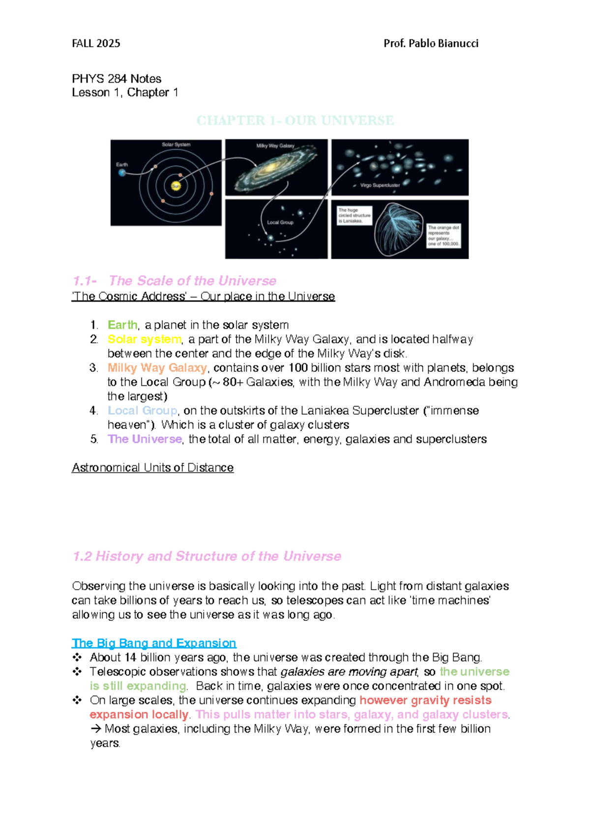 FALL 2025 PHYS 284 Notes: Lesson 1 - Chapter 1 Our Universe - Studocu