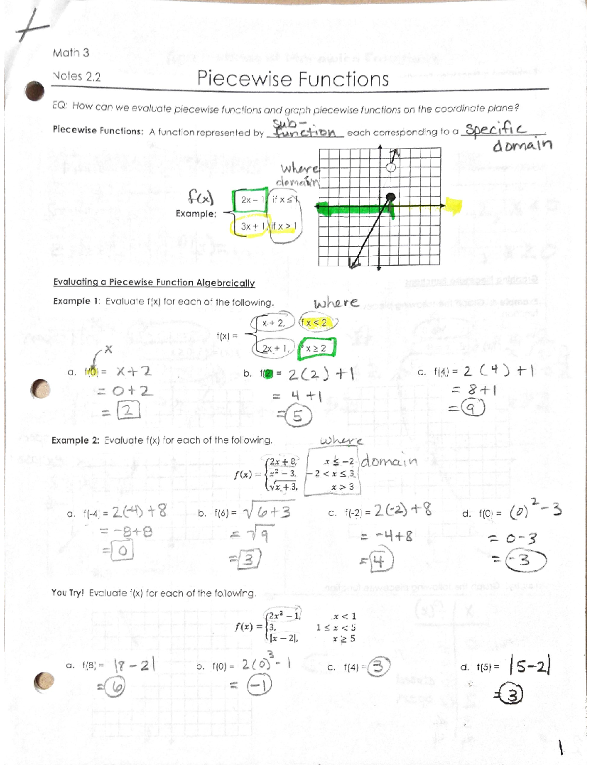 2 - math work piecewise functions - Math 3 Notes 2 Piecewise Functions ...