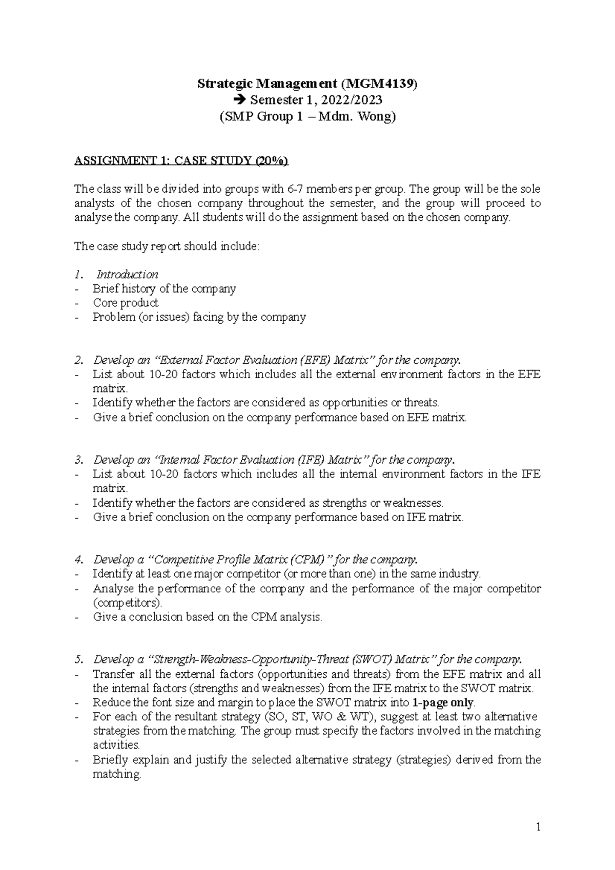 Assignment 1 - case study (20%) - Strategic Management (MGM4139 ...