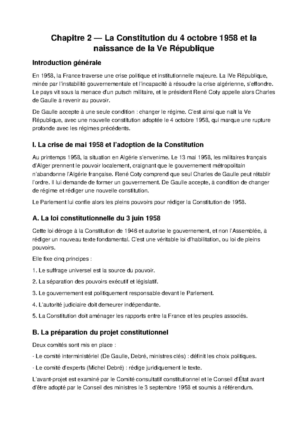 Chapitre 2 - La Constitution de 1958 et la Ve République - Studocu