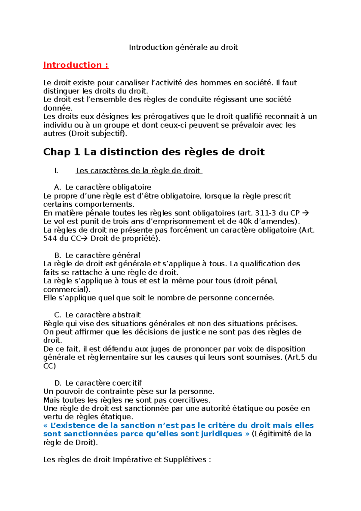 Introduction Générale au Droit - Chap 1: Distinction des Règles de ...
