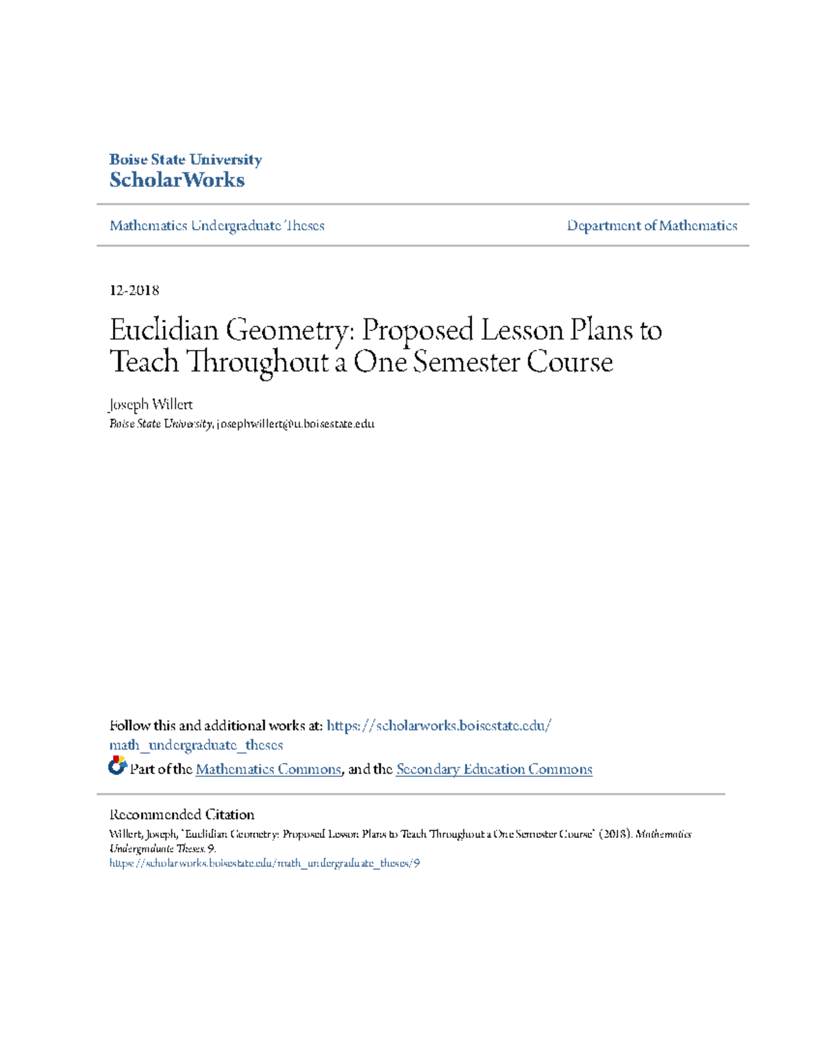 **MATH 203: Euclidian Geometry Lesson Plans for One Semester Course ...