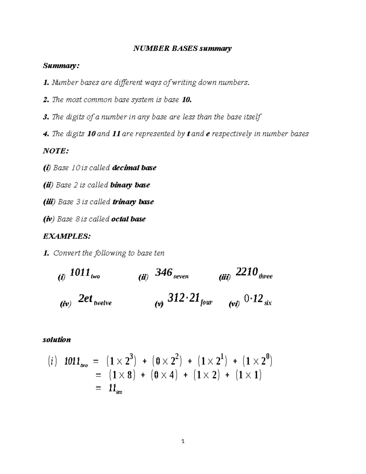S.1 Term 1 Mathematics: Number Bases Summary & Conversions Notes - Studocu