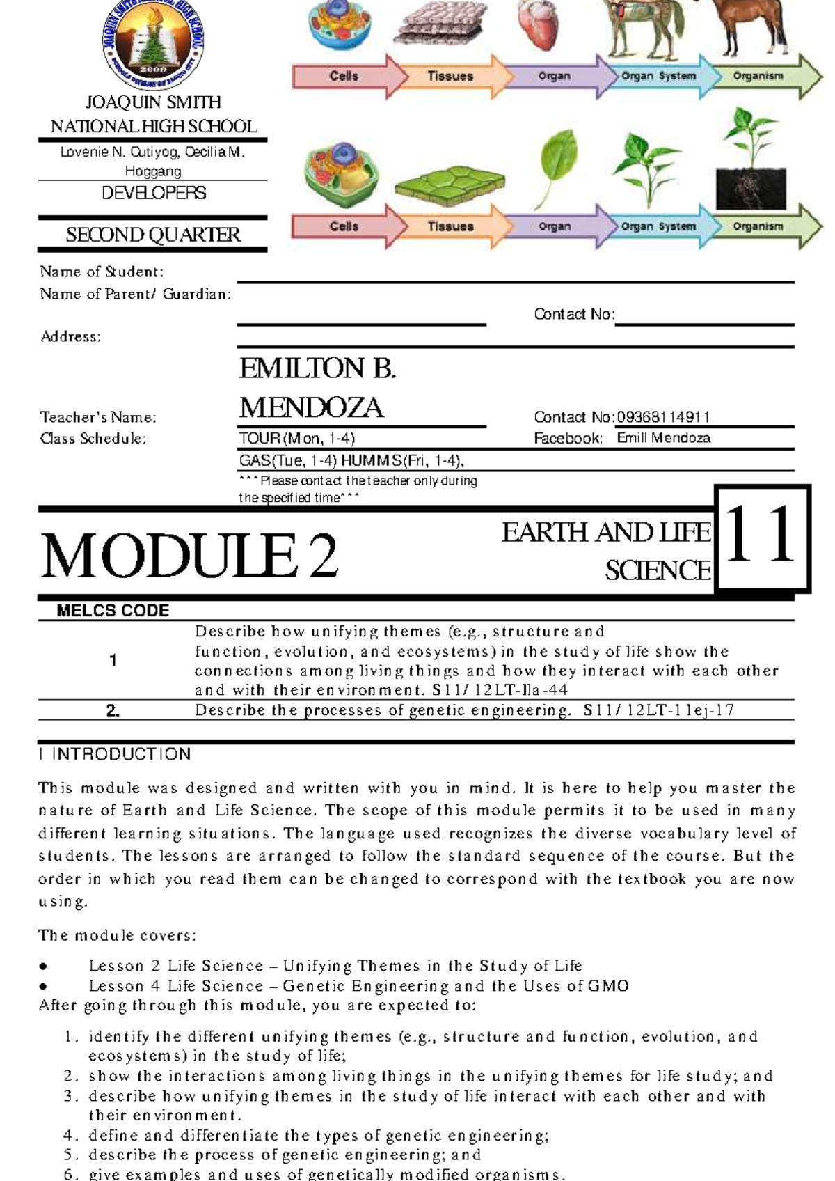 Earth and Life Science 11: Quarter 2 Module 2 Overview - Studocu