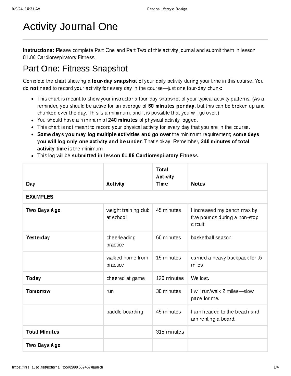 01.06 Cardiorespiratory Fitness Activity Journal Assignment - Studocu