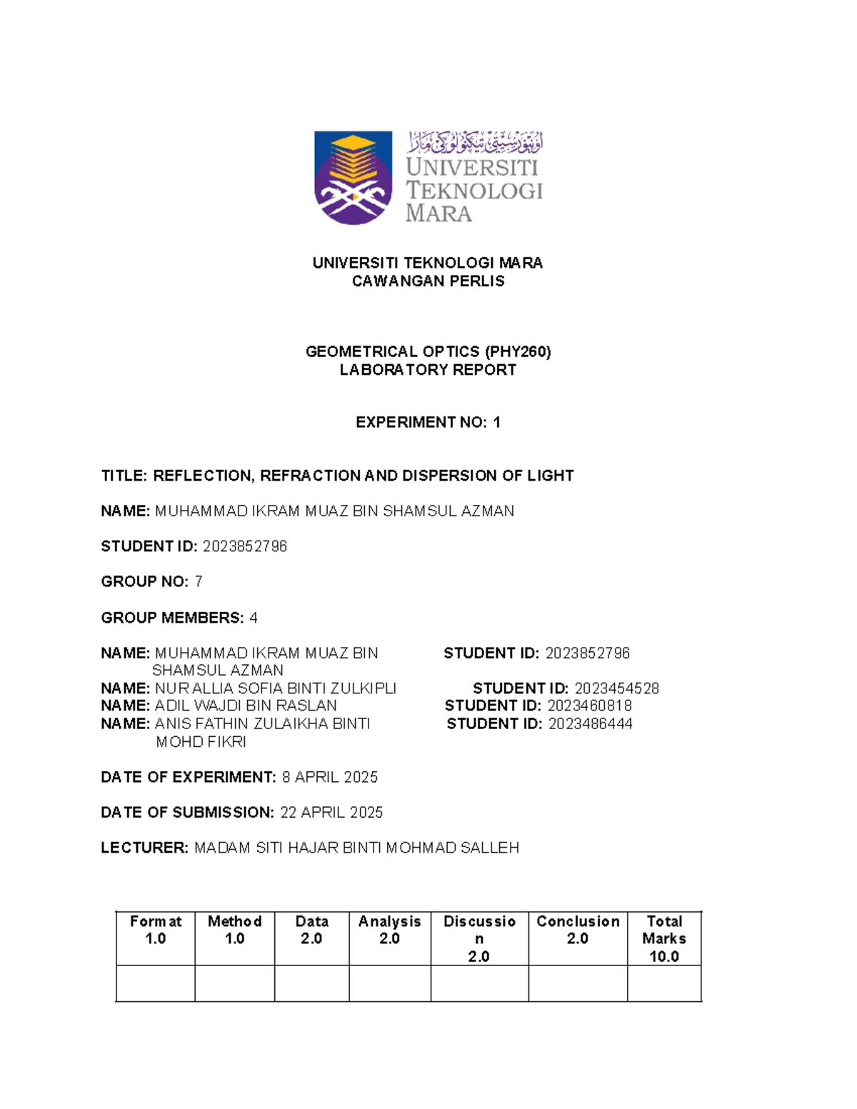 Lab Report on Reflection, Refraction & Dispersion of Light (PHY260 ...