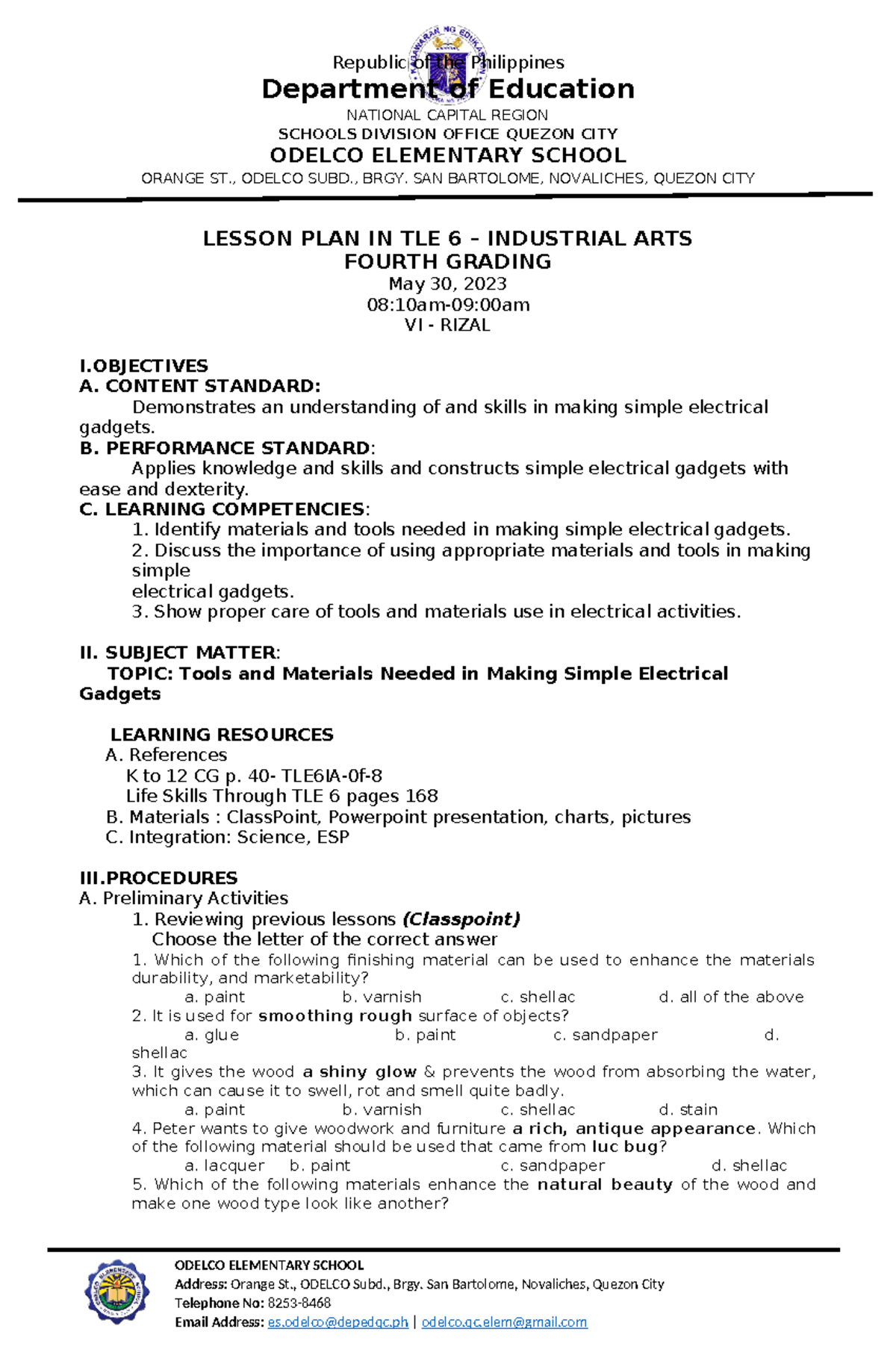 TLE6IA Lesson Plan: Tools and Materials for Simple Electrical Gadgets ...
