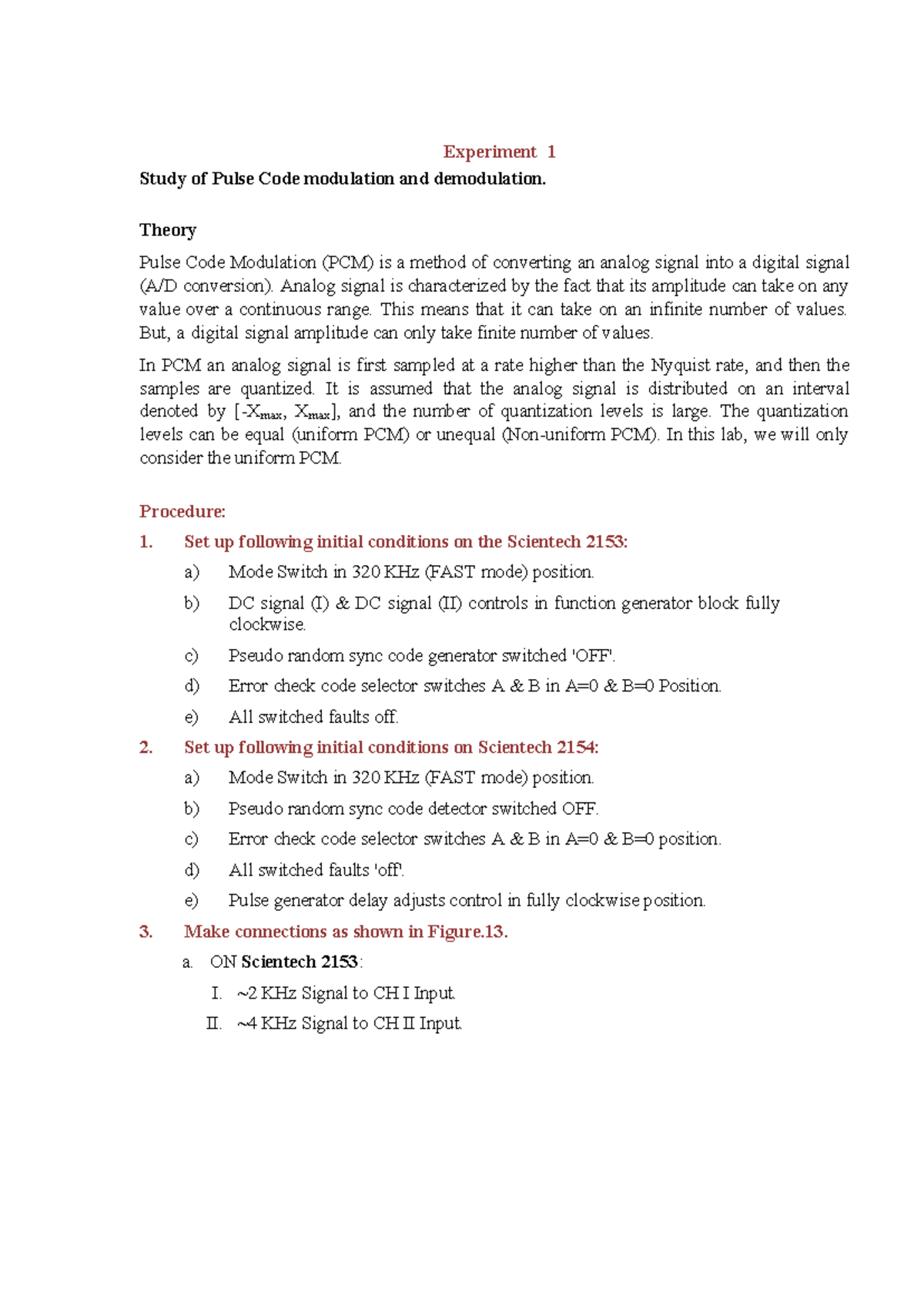Lab Manual 2: Experiment 1 - Pulse Code Modulation Study - Studocu