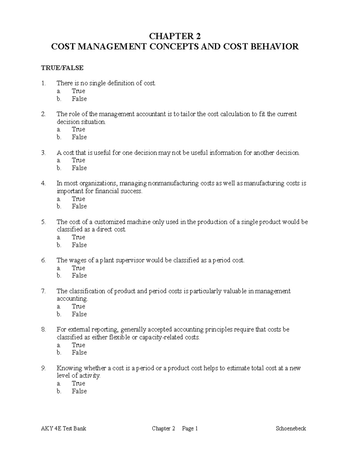 CH02 Tbk Finance: Cost Management Concepts & Behavior Quiz - Studocu