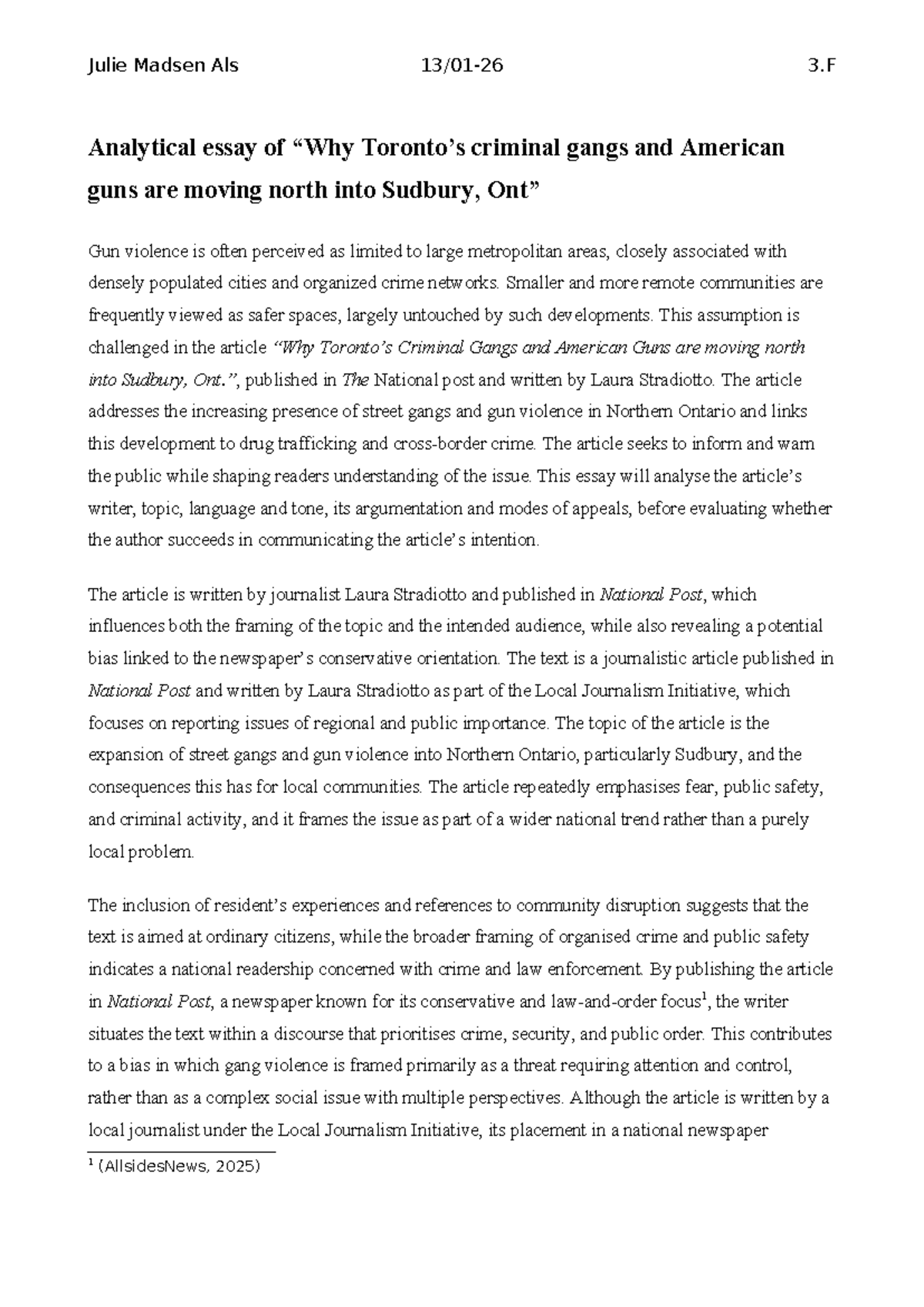 Julie Madsen Als 3.F Analytical Essay on Criminal Gangs & Gun Violence ...