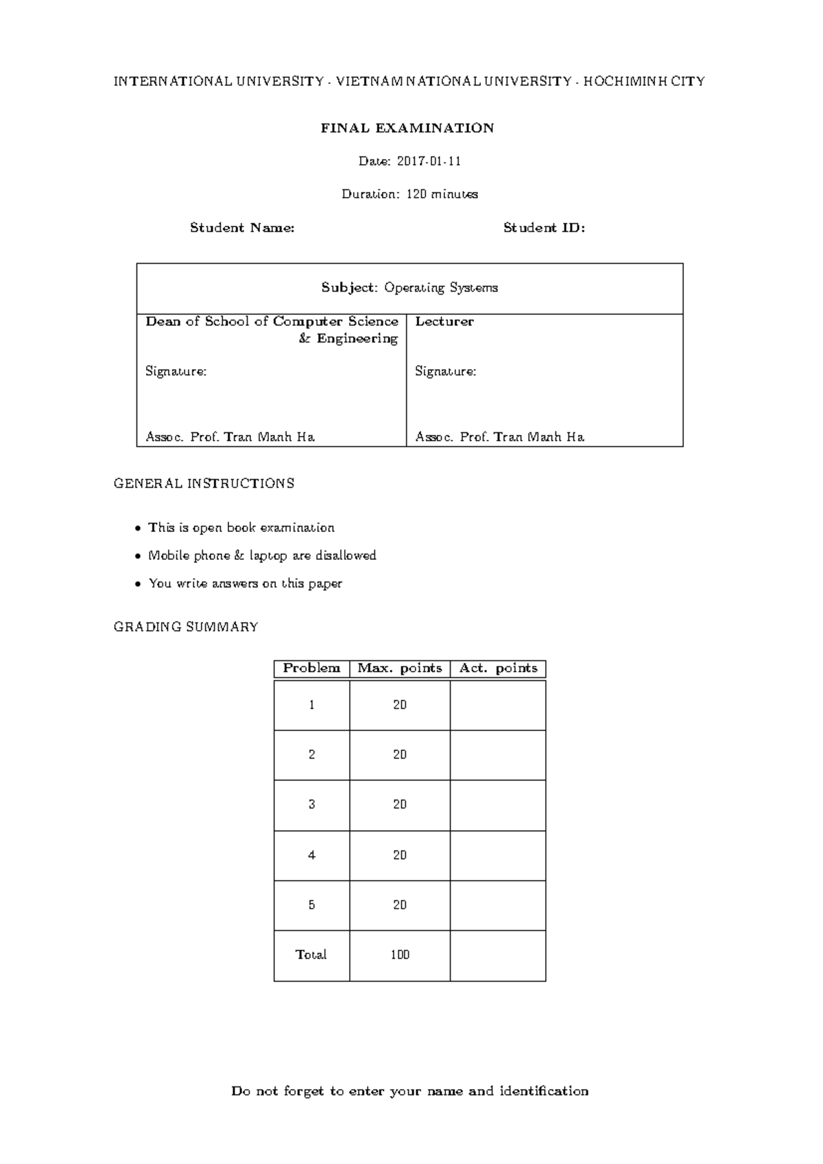 Operating Systems Final Exam Guide - INU-CS-ENG 2017 - Document Preview