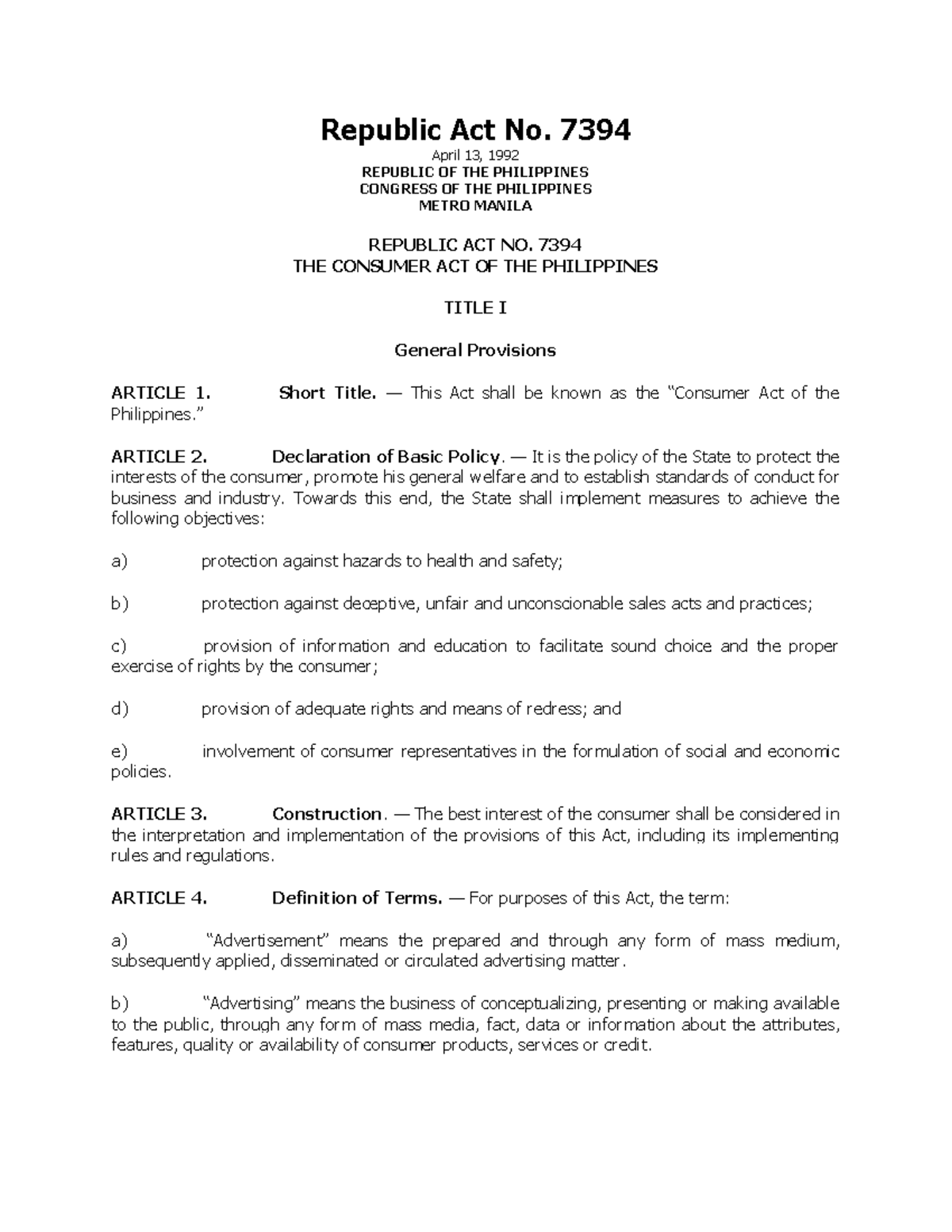RA 7394 Consumer Act of the Philippines - Republic Act No. 7394 April ...