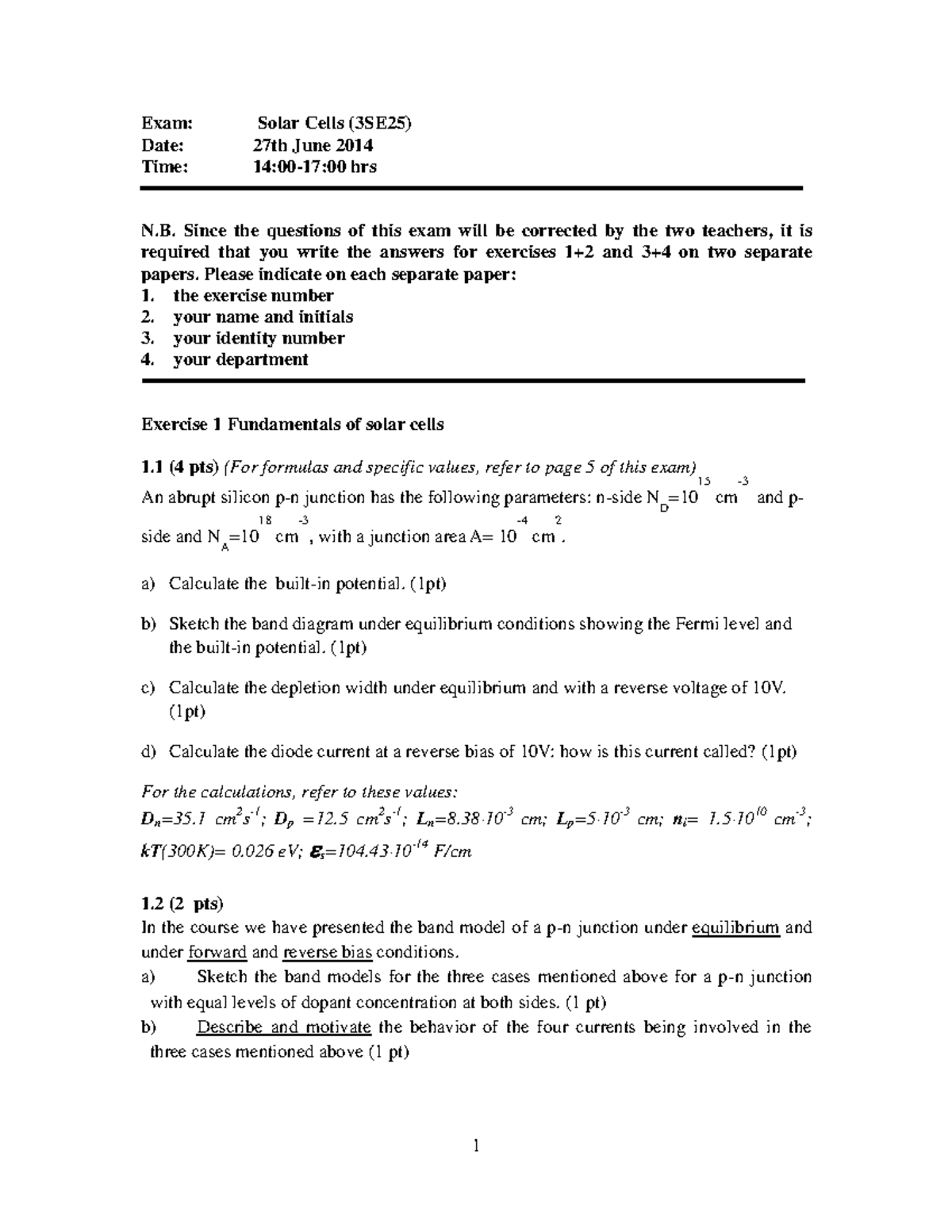 Solar Cells Exam (3SE25) - Questions and Guidelines (27 June 2014 ...