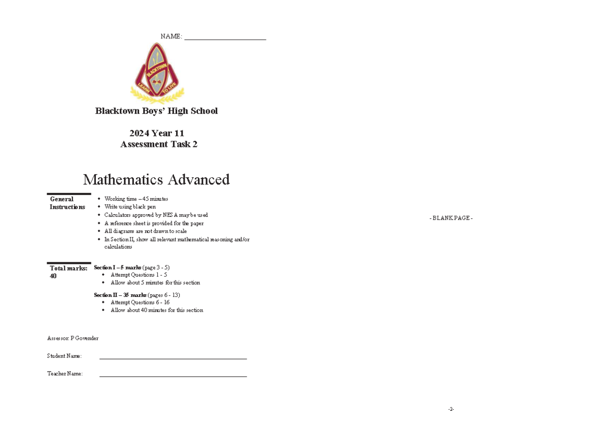 2024 Yr11 Mathematics Adv Assessment Task 2 & Solutions Guide - Studocu