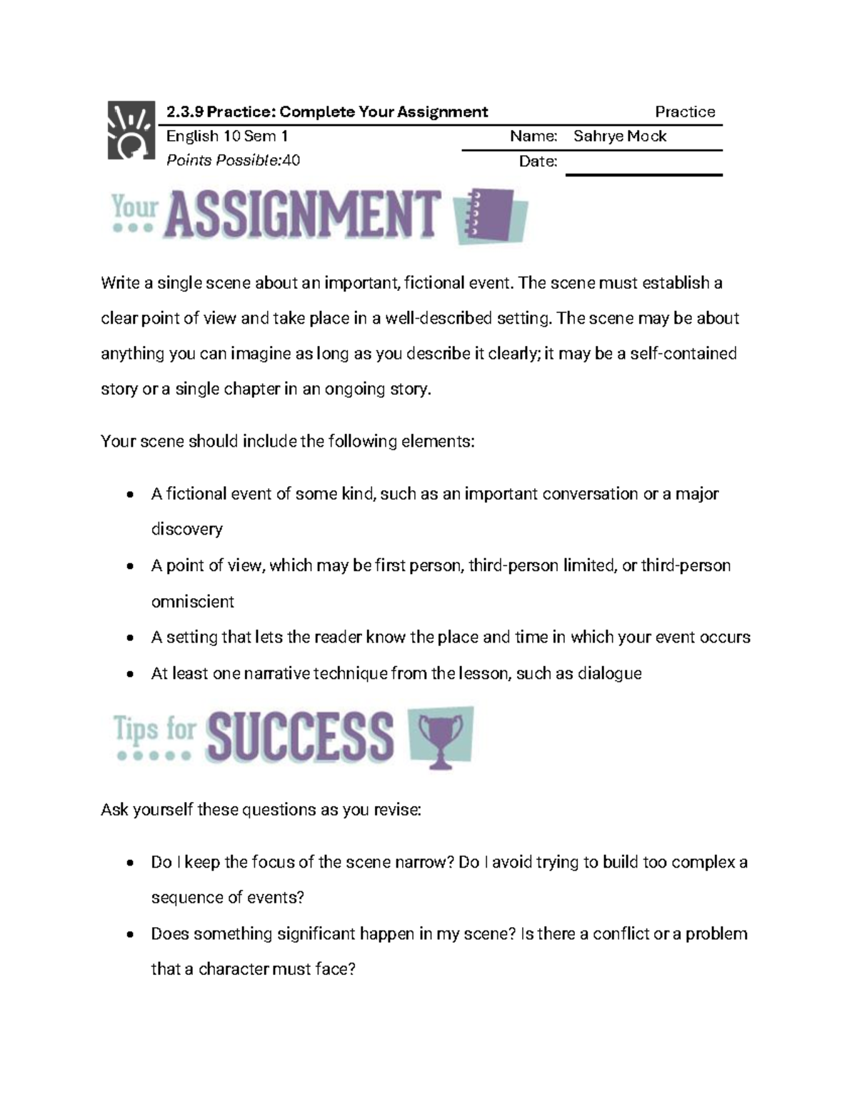 English 10 Sem 1 - Scene Writing Practice Assignment Guidelines - Studocu