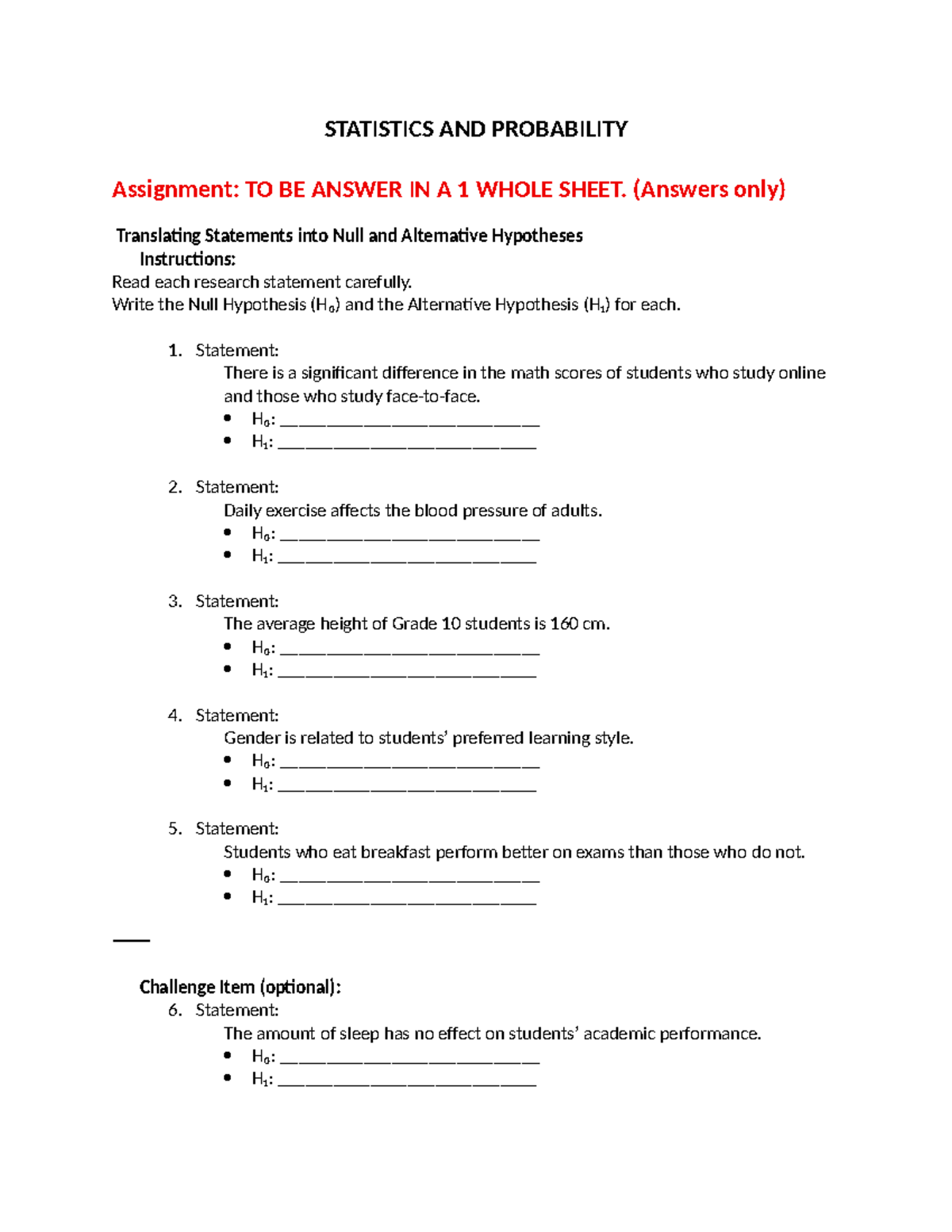 STATISTICS AND PROBABILITY Assignment: Null & Alternative Hypotheses ...