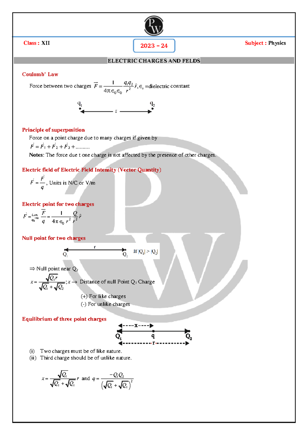 Class XII Physics: Short Notes on Electric Charges & Fields - Studocu