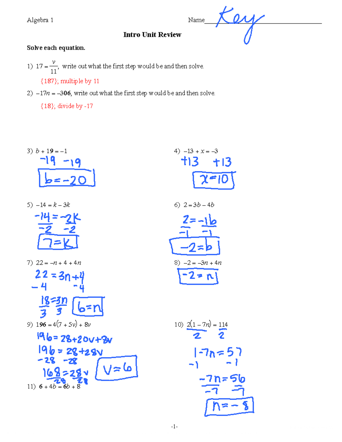 Algebra 1: Unit C Review Answer Key - Studocu