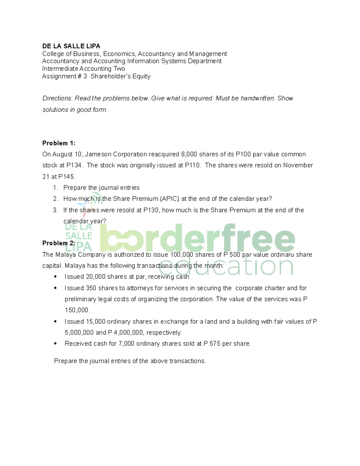 Intermediate Accounting 2 - Assignment 3 on Shareholder's Equity - Studocu