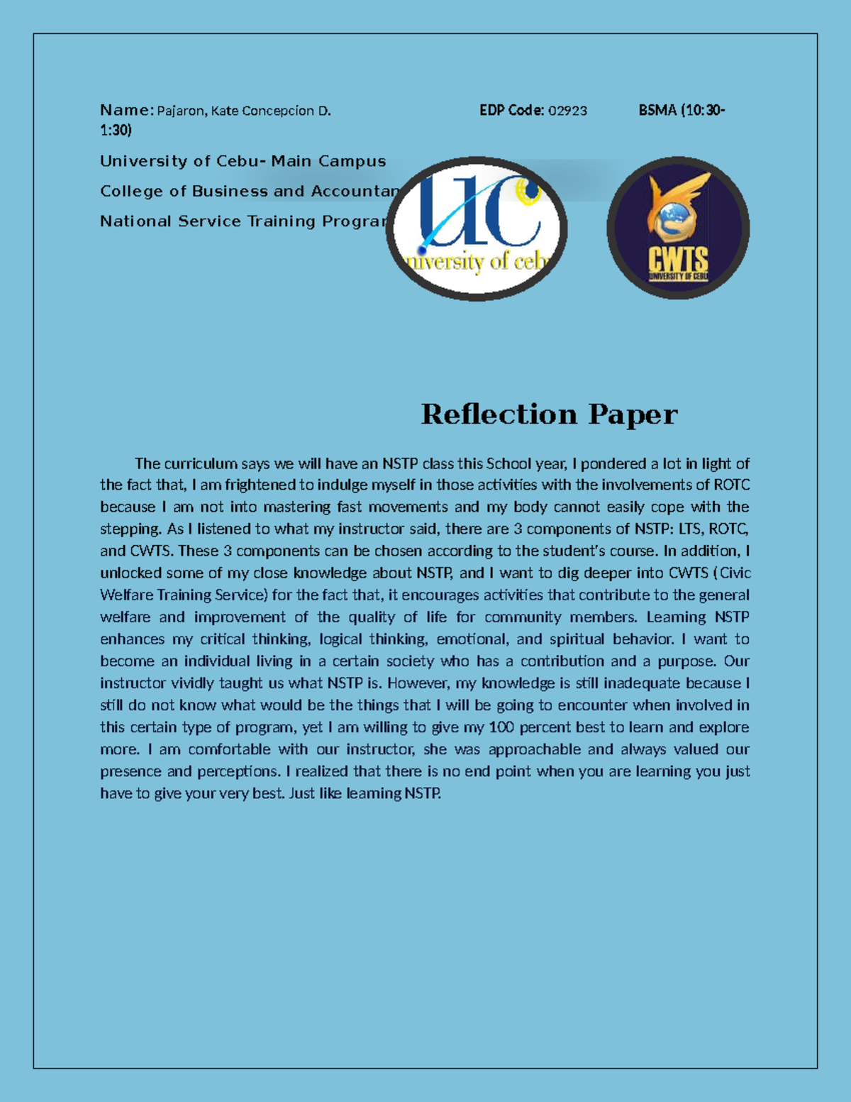 NSTP 02923 Reflection Paper: Insights on Civic Welfare Training - Studocu