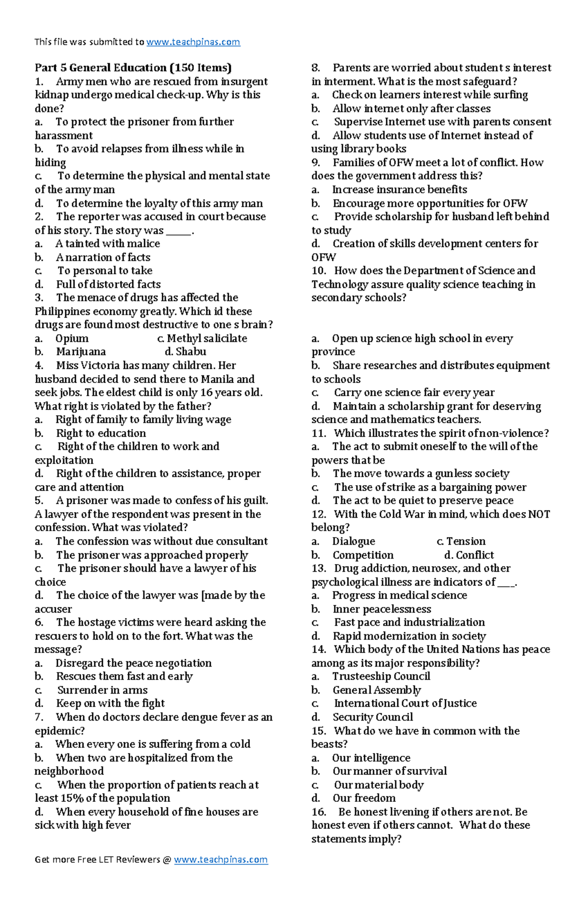 Part 5 General Education (150 Items) - Comprehensive Review and Answer ...