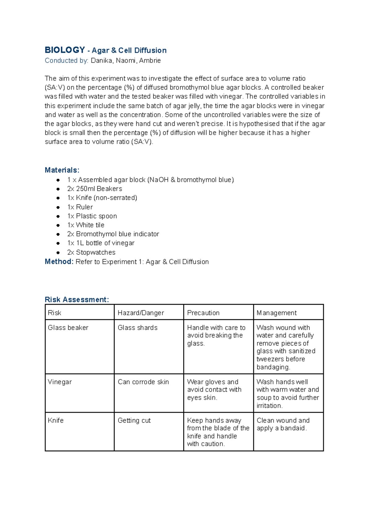 BIO 101: Agar Jelly & Cell Diffusion Experiment Report - Studocu