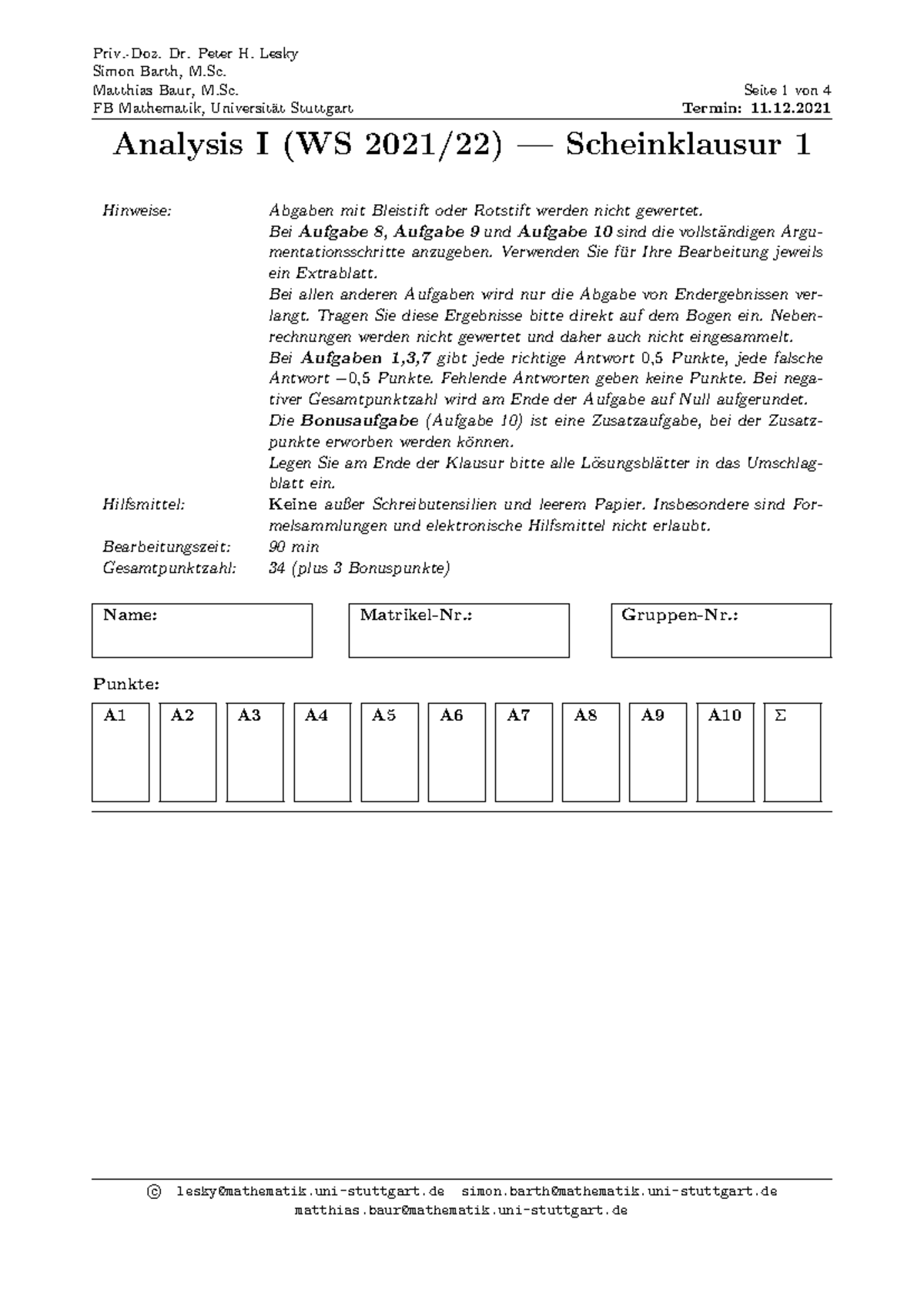 Analysis I (WS 2021/22) — Scheinklausur 1 (Konzept) - Studocu