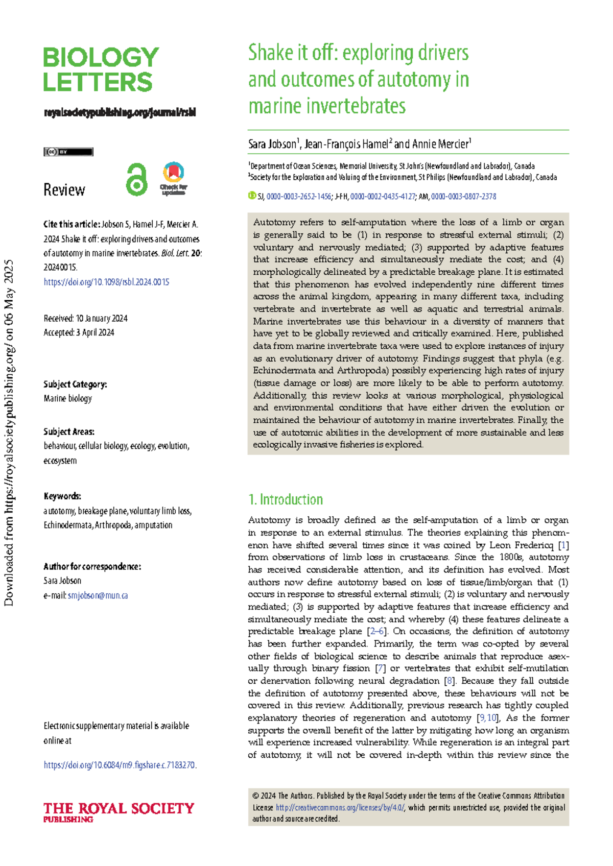Autotomy in Marine Invertebrates: Drivers and Evolutionary Outcomes ...