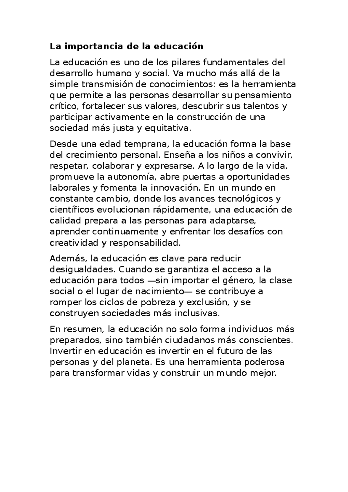 La Importancia de la Educación en el Desarrollo Humano - Studocu