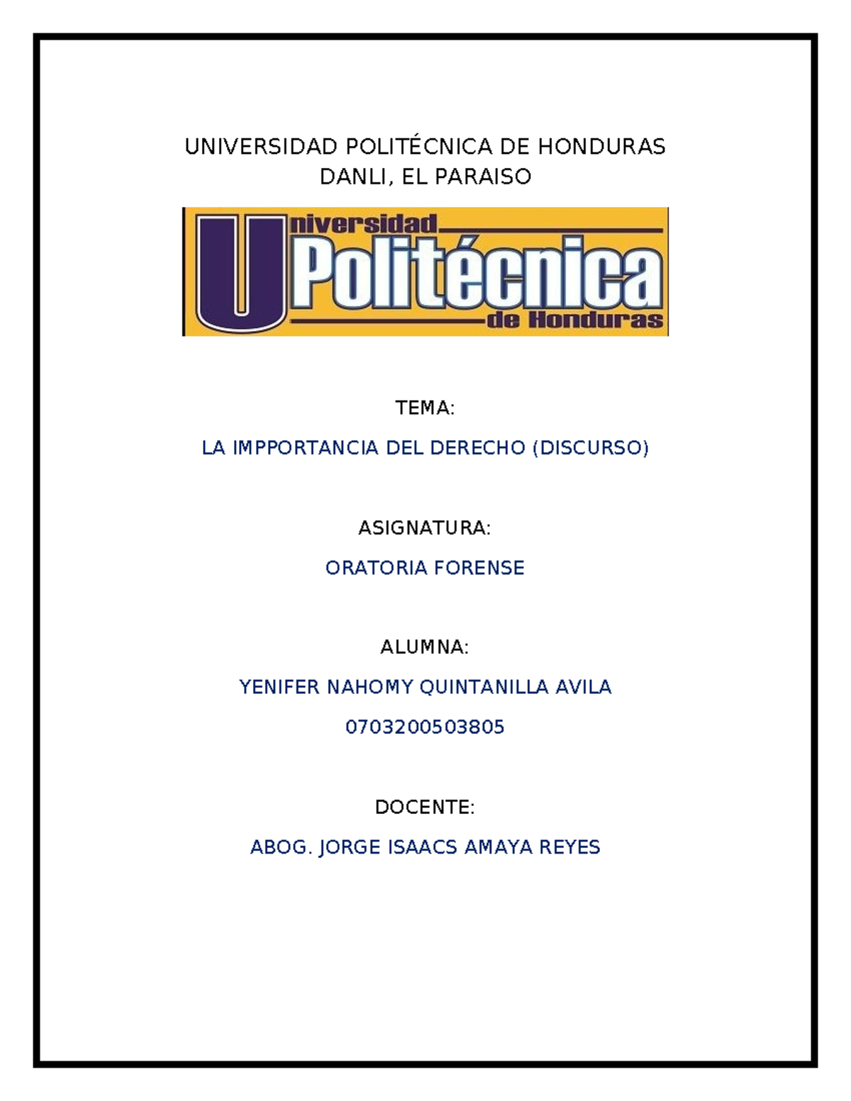 Discurso: La Importancia del Derecho en Oratoria Forense (ORAT ...