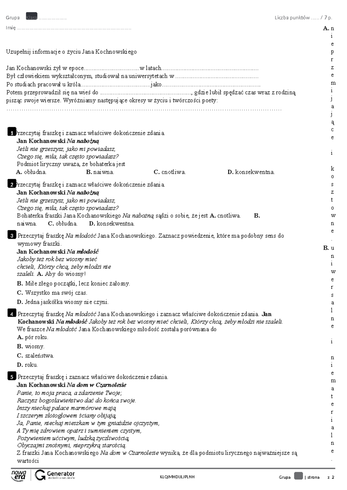 Jan Kochanowski Sprawdzian Klasa 8 www.studocu.com