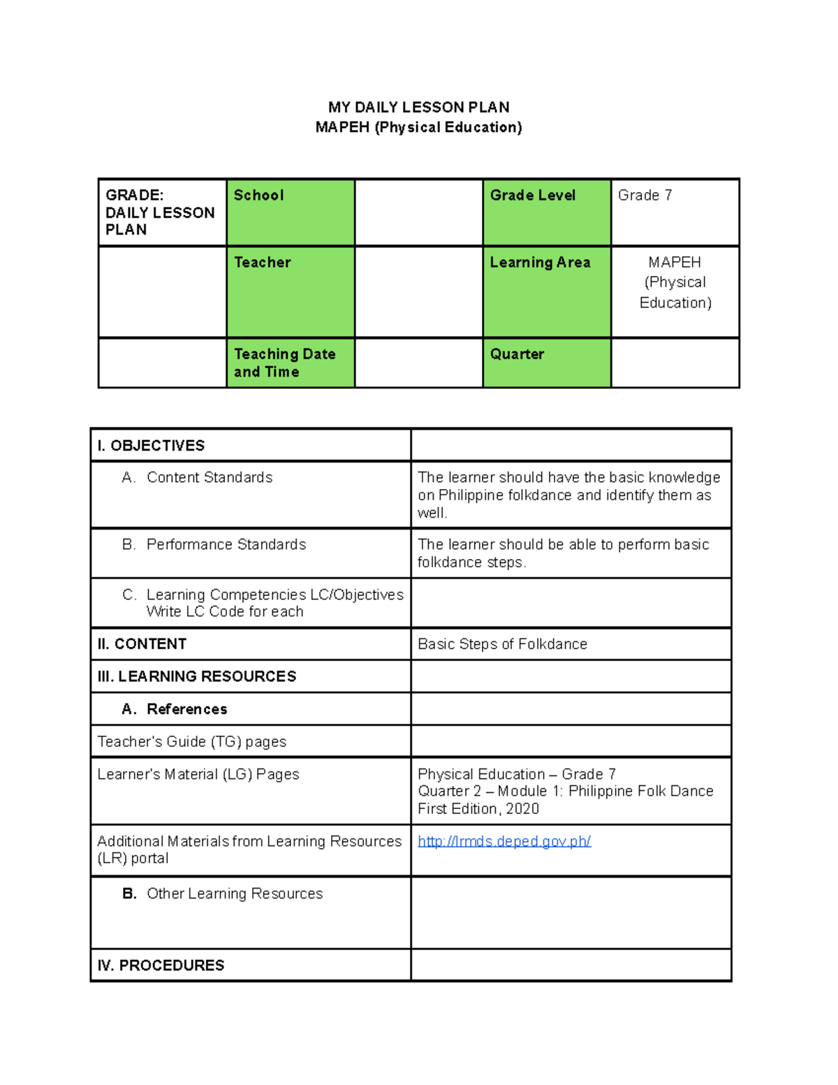LP1 - Grade 7 Daily Lesson Plan for Philippine Folk Dance - Studocu