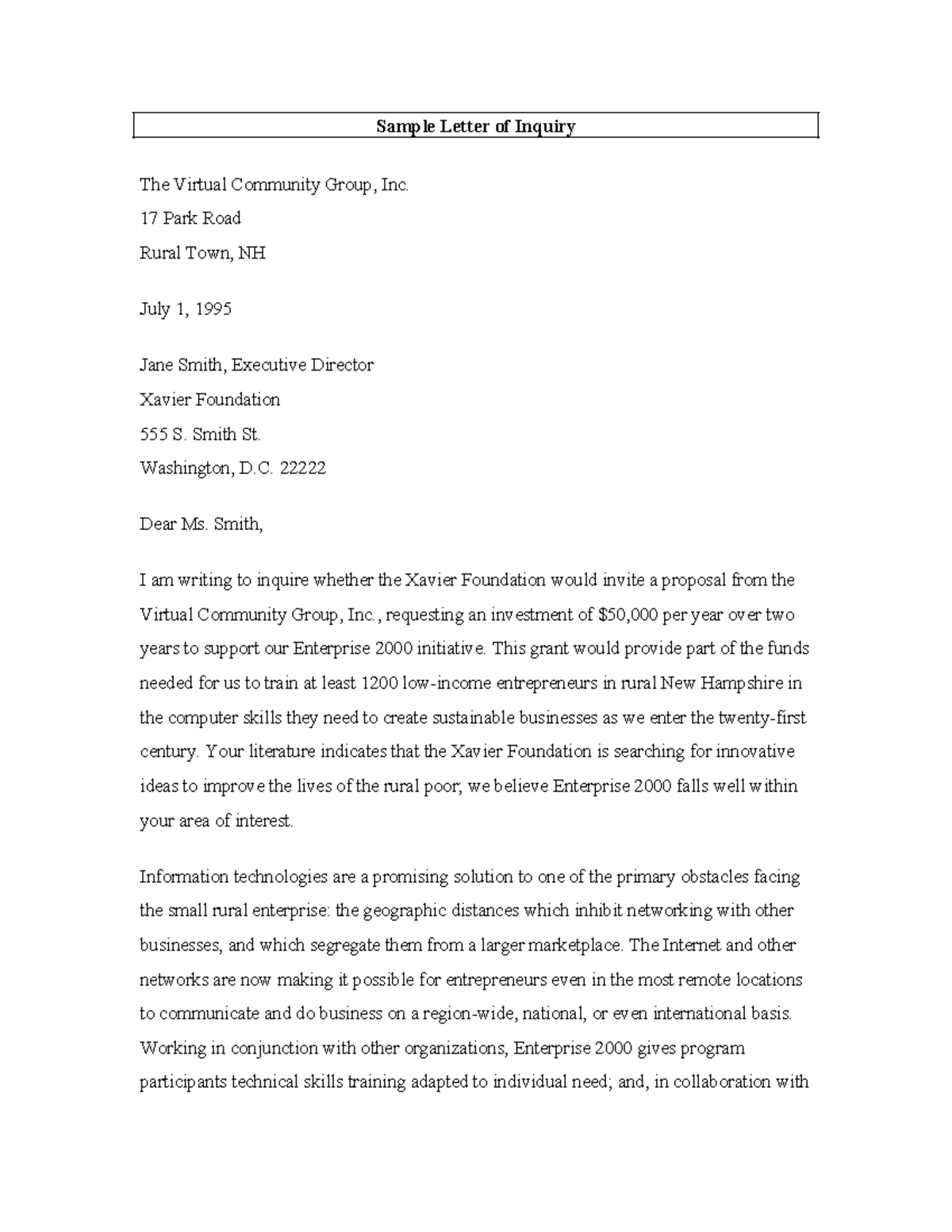 Letter of Inquiry Example 2 for Funding Proposal Submission - Studocu