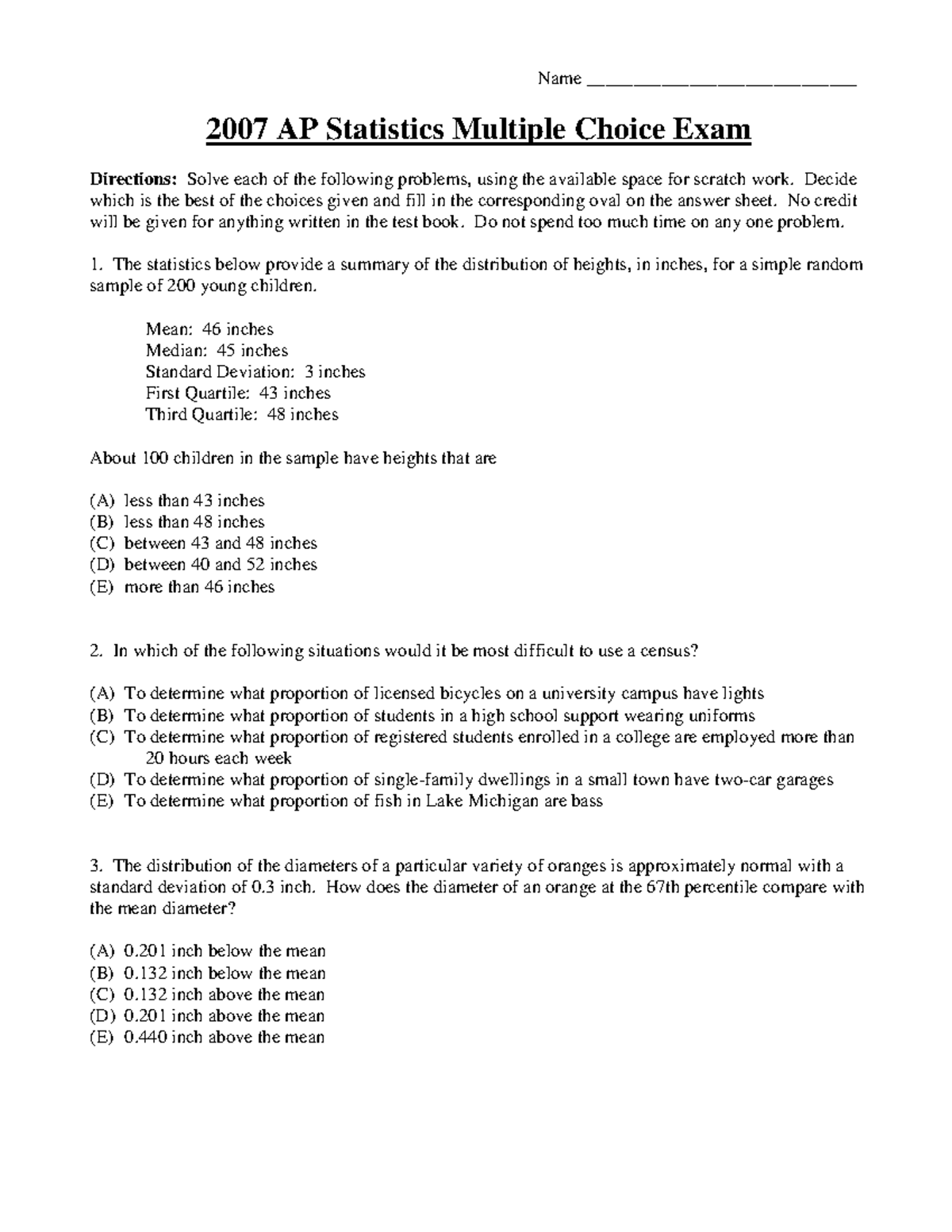 2007 ap statistics multiple choice exam - Name ...