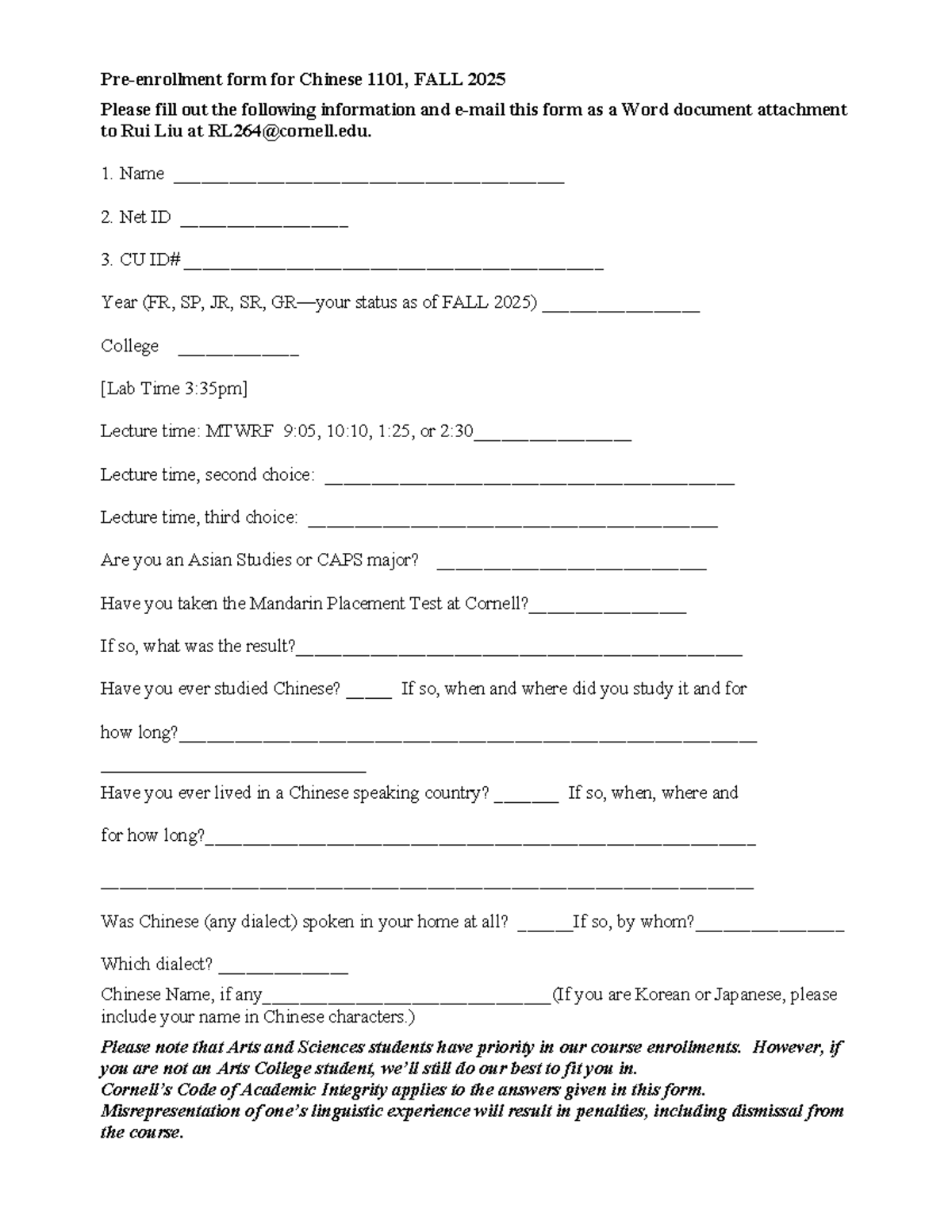 Pre-enrollment Form for Chinese 1101 - Fall 2025 - Studocu
